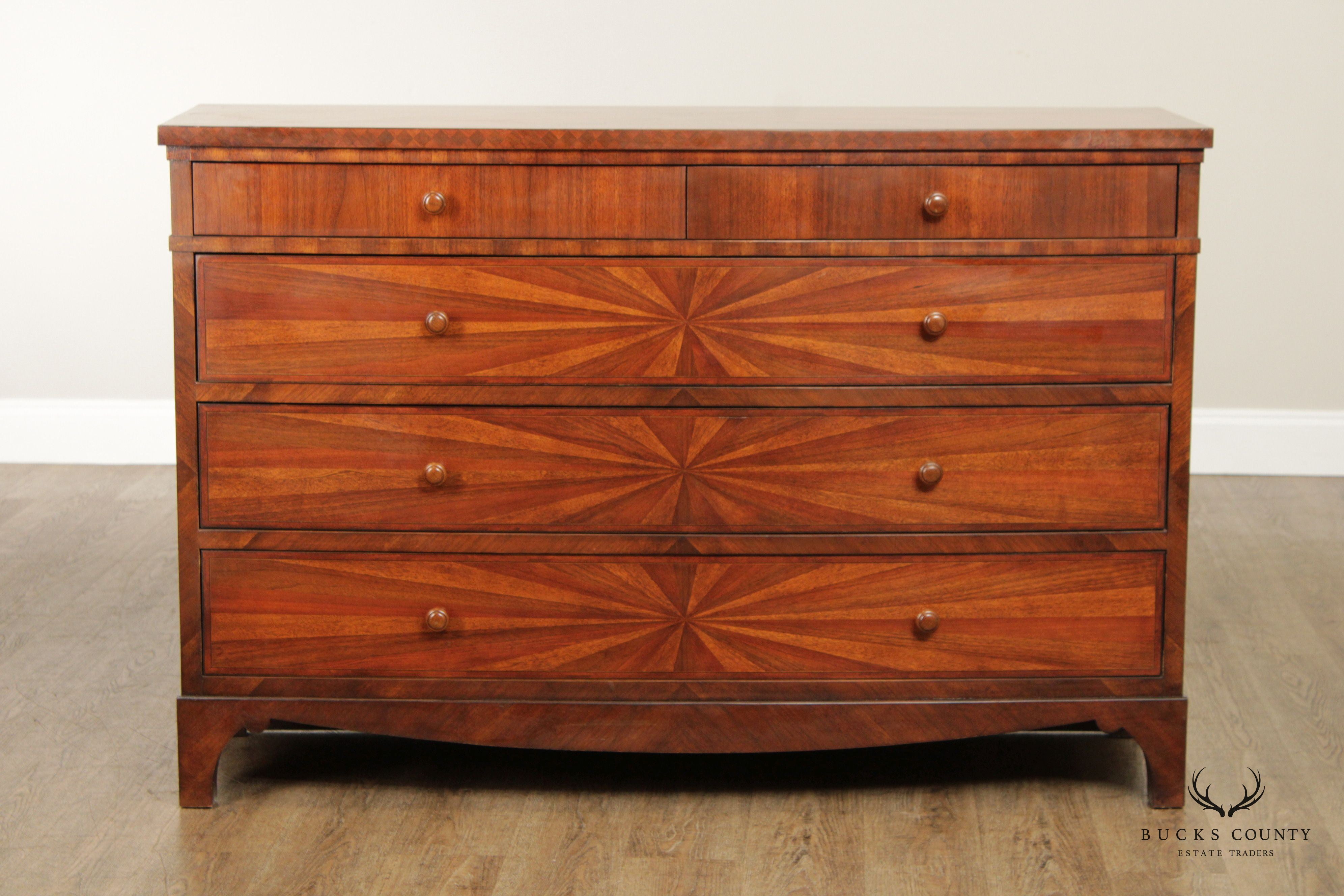 Italian Regency Style Sunburst Inlaid Bowfront Chest of Drawers