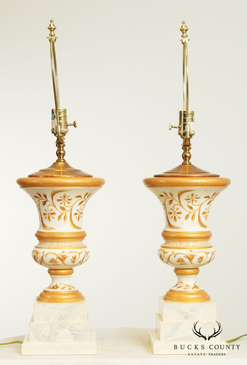 Neo-Classical Style Quality Pair Painted Wood Urn Table Lamps