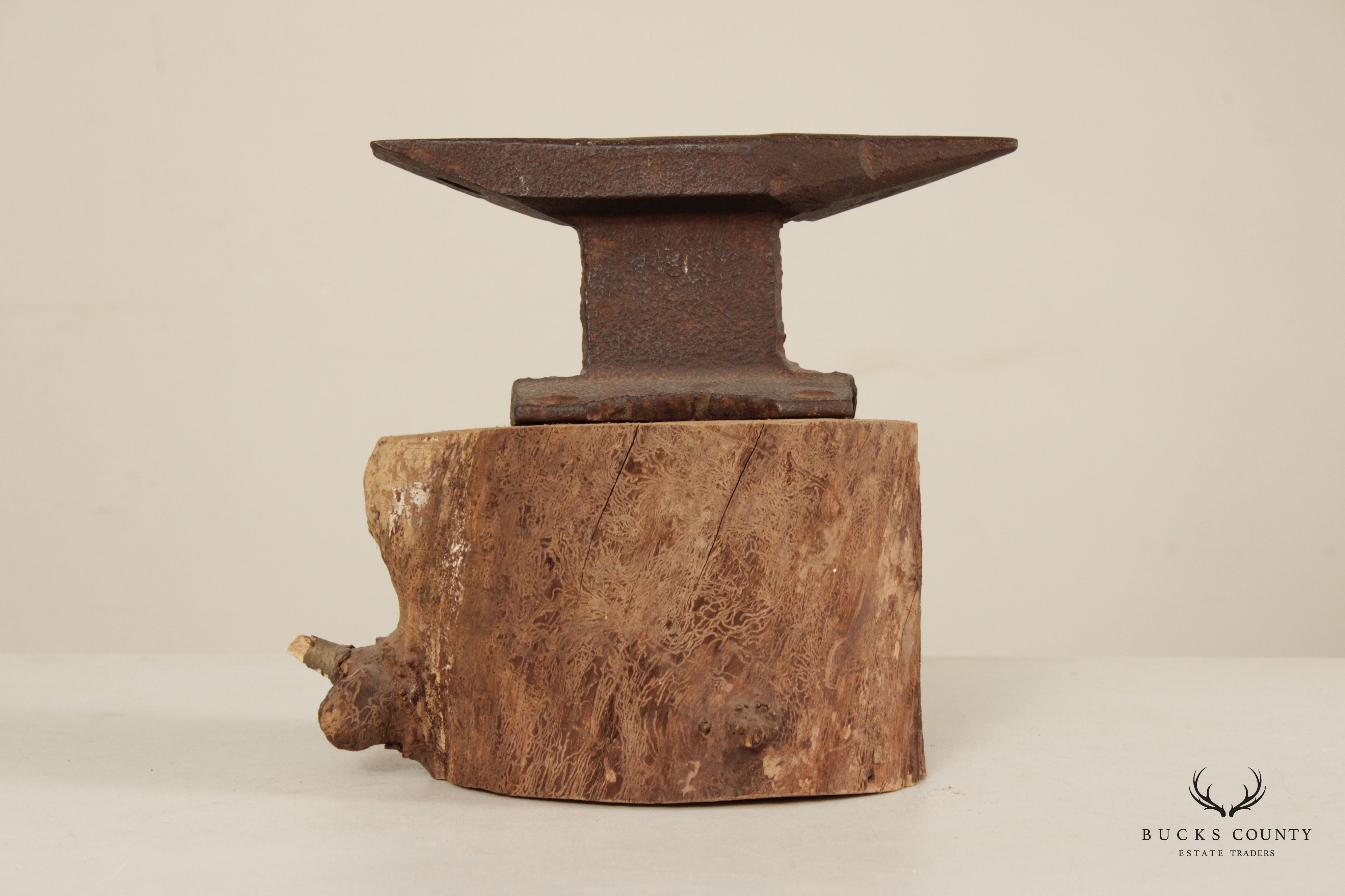 Vintage Small Iron Anvil Mounted on Wooden Block