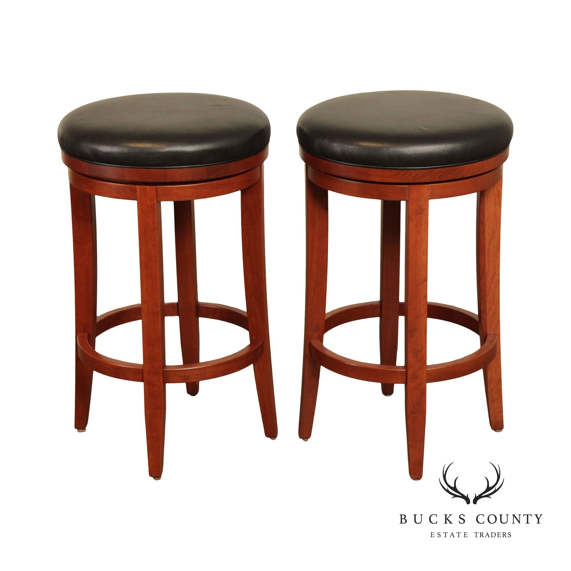 Zimmerman Chair Shop Pair of Leather Upholstered Cherry 'Milano' Swivel Bar Stools