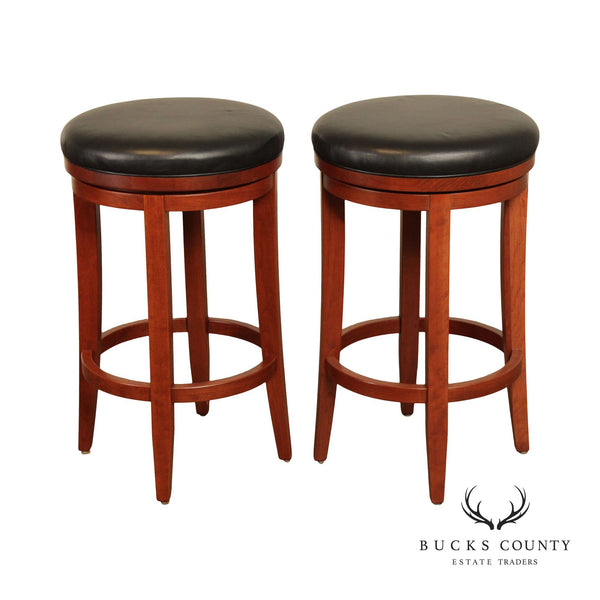 Zimmerman Chair Shop Pair of Leather Upholstered Cherry 'Milano' Swivel Bar Stools
