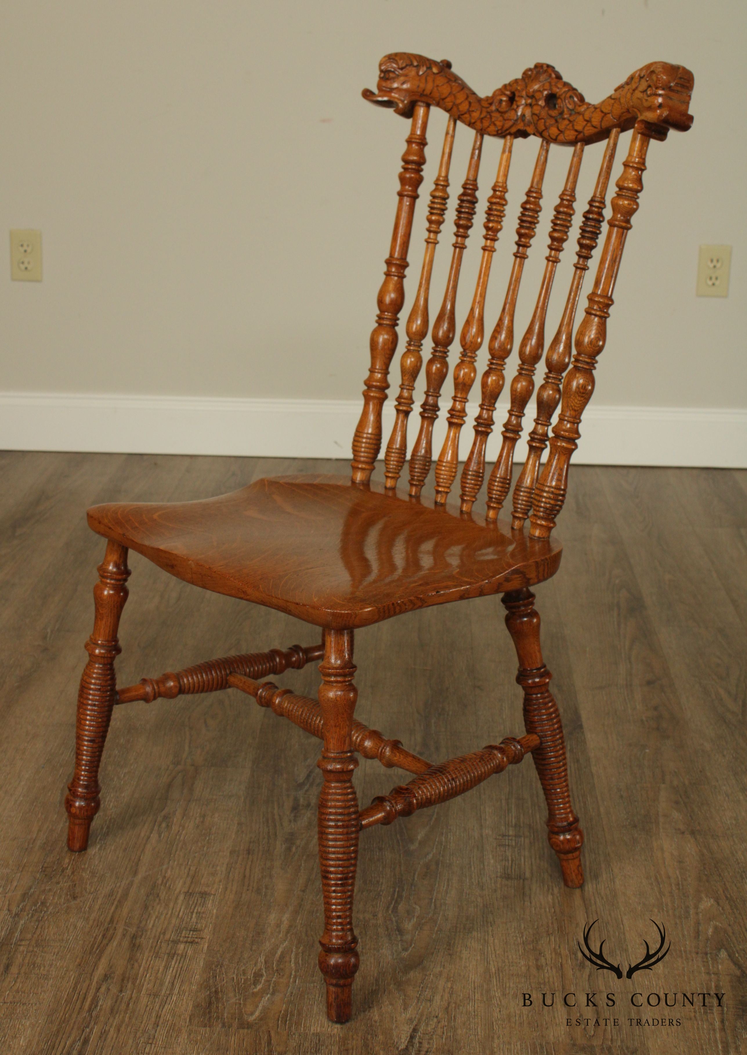 Antique Victorian Oak Turned Spindle Side Chair With Curved Dolphins