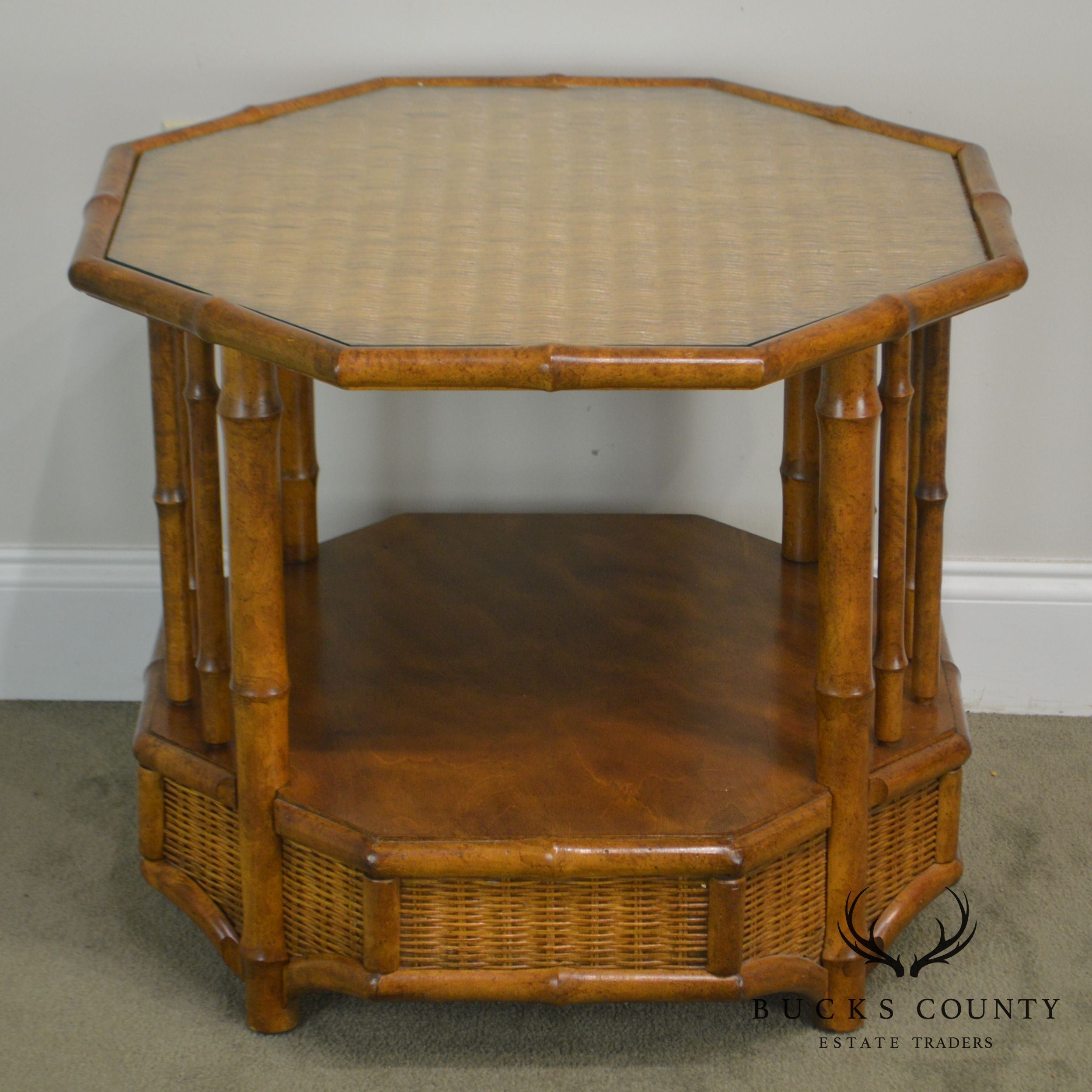 Faux Bamboo Octagon Wicker Top Side Table