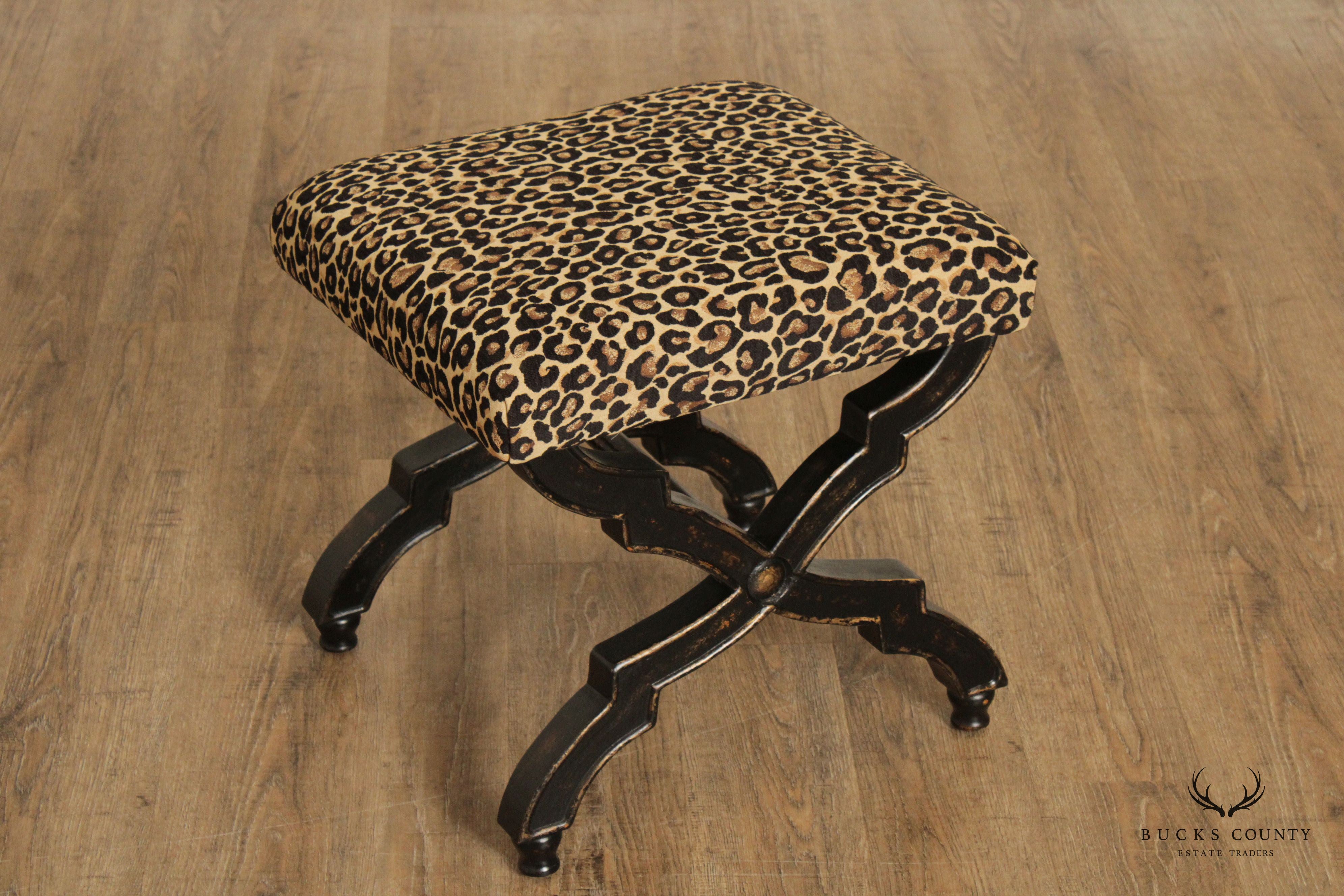 Regency Style Painted X-Frame Leopard Upholstered Ottoman Footstool