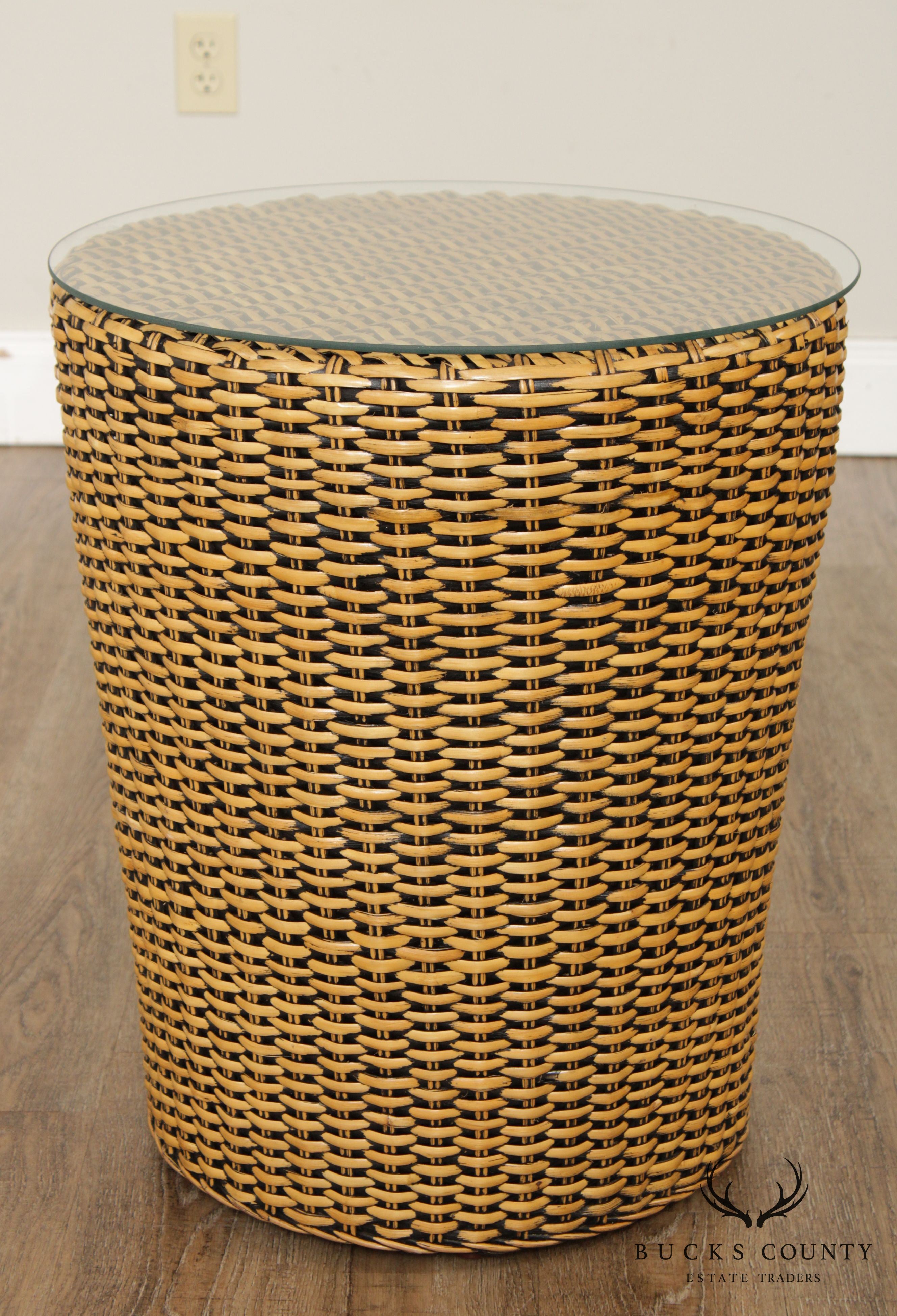 Vintage Woven Wicker Rattan Glass Top Round Side Table