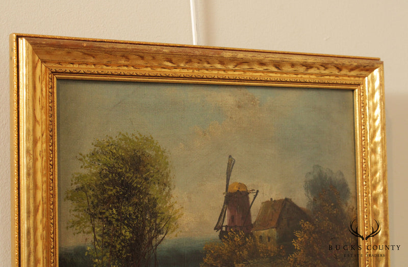 Antique 19th C. Dutch Windmill Cottage Original Painting
