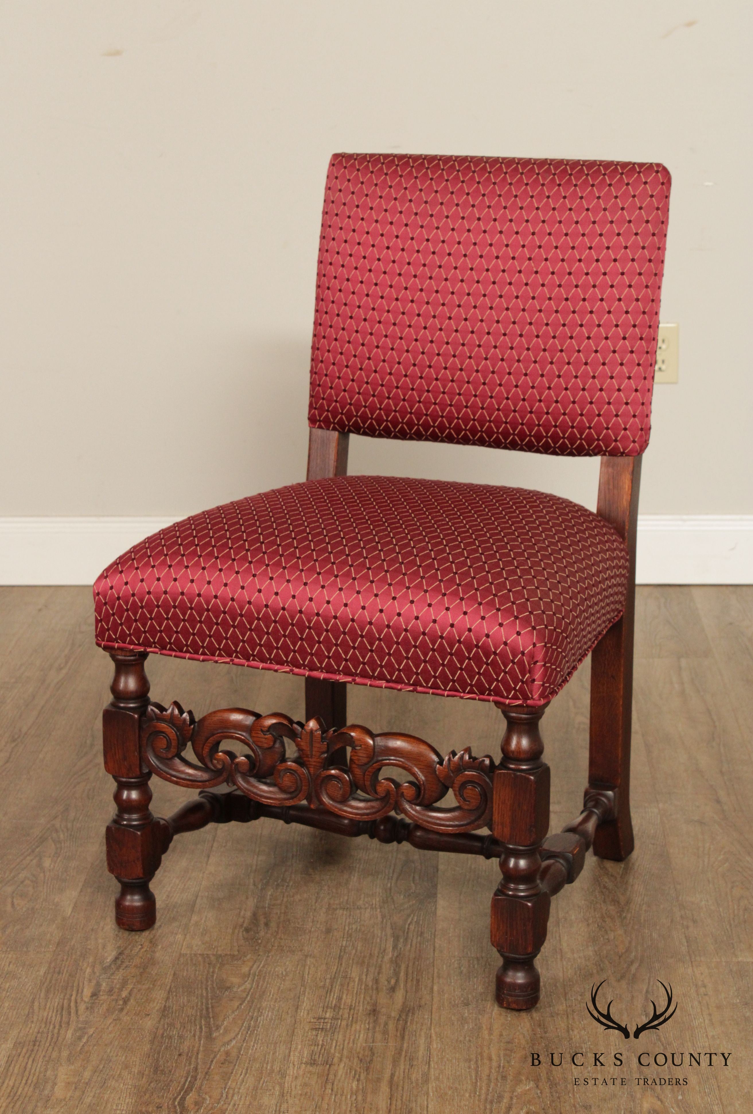 Jacobean Revival Vintage Set 6 Carved Walnut Dining Chairs