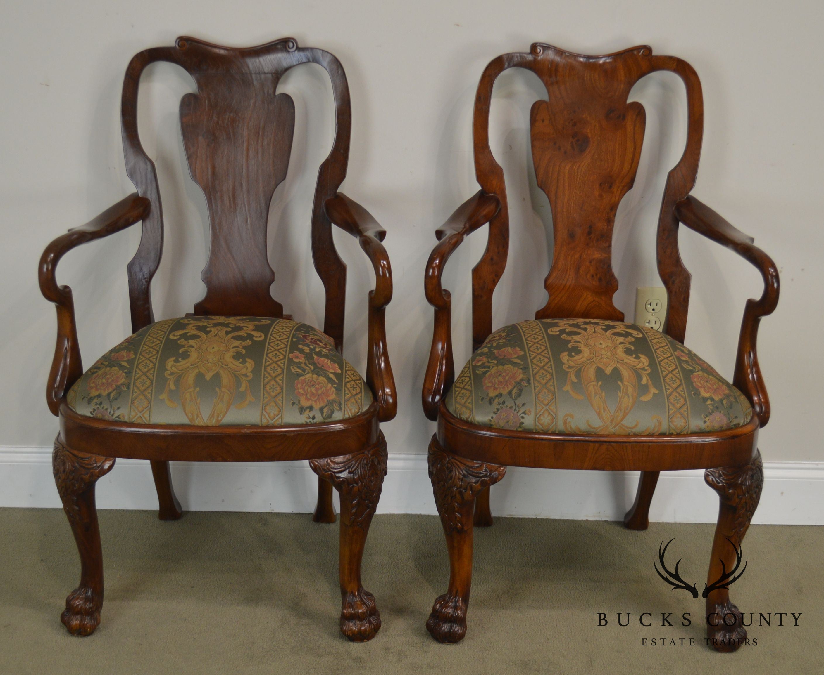 Georgian Style Custom Quality Pair of Paw Foot Arm Chairs