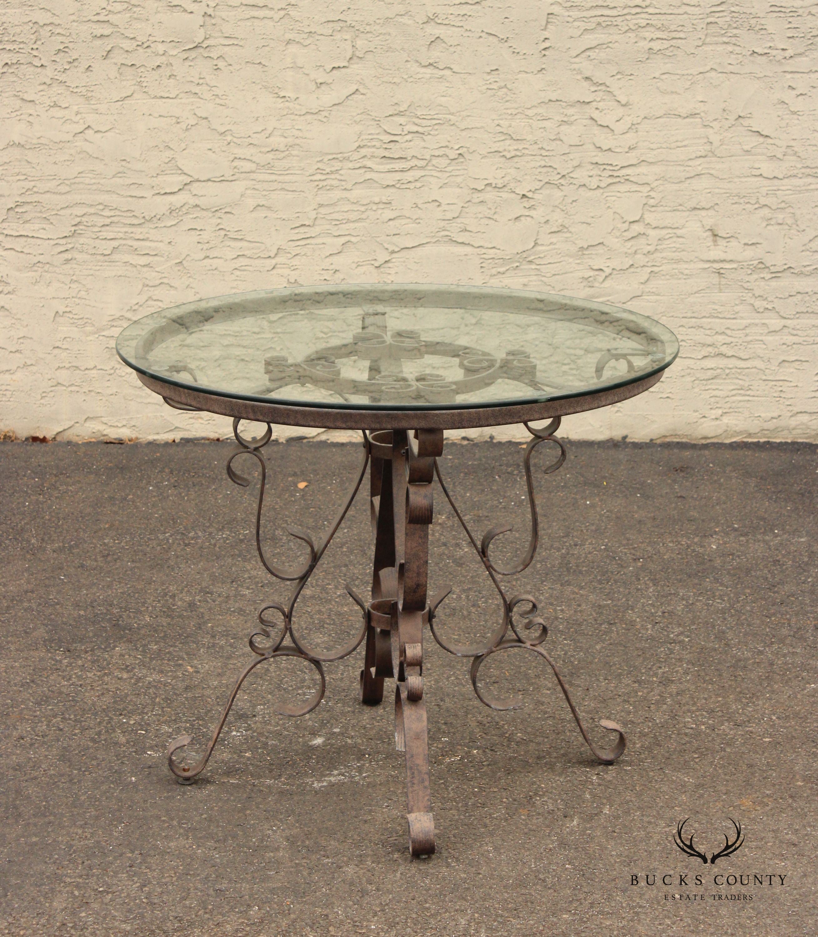 Victorian Style Vintage Glass Top Wrought Iron Garden Dining Table