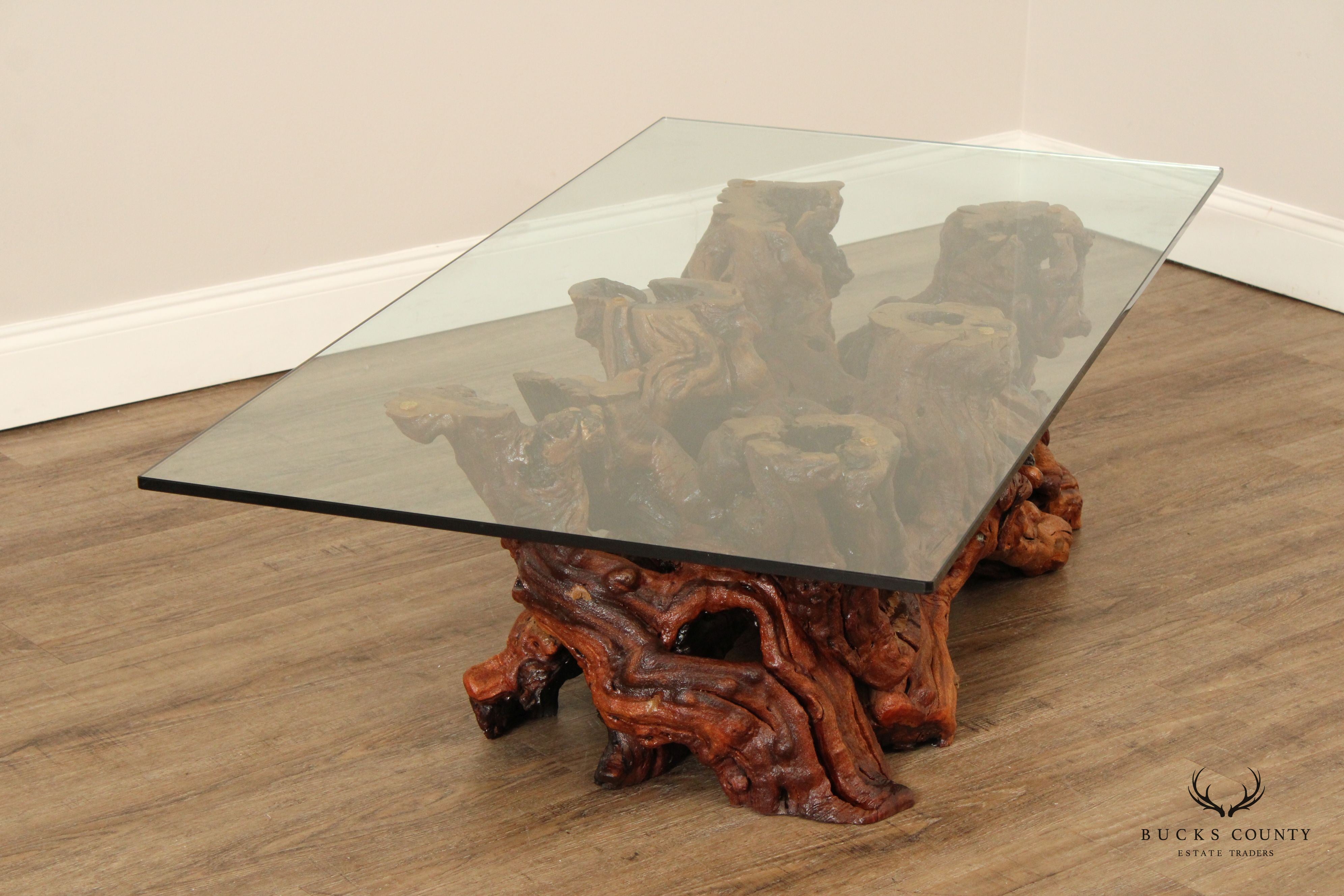 VINTAGE ROOT WOOD BASE GLASS TOP COFFEE TABLE