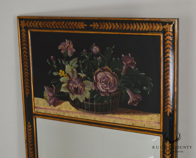 Quality Black & Gold Frame Trumeau Mirror with Hand Painted Flowers