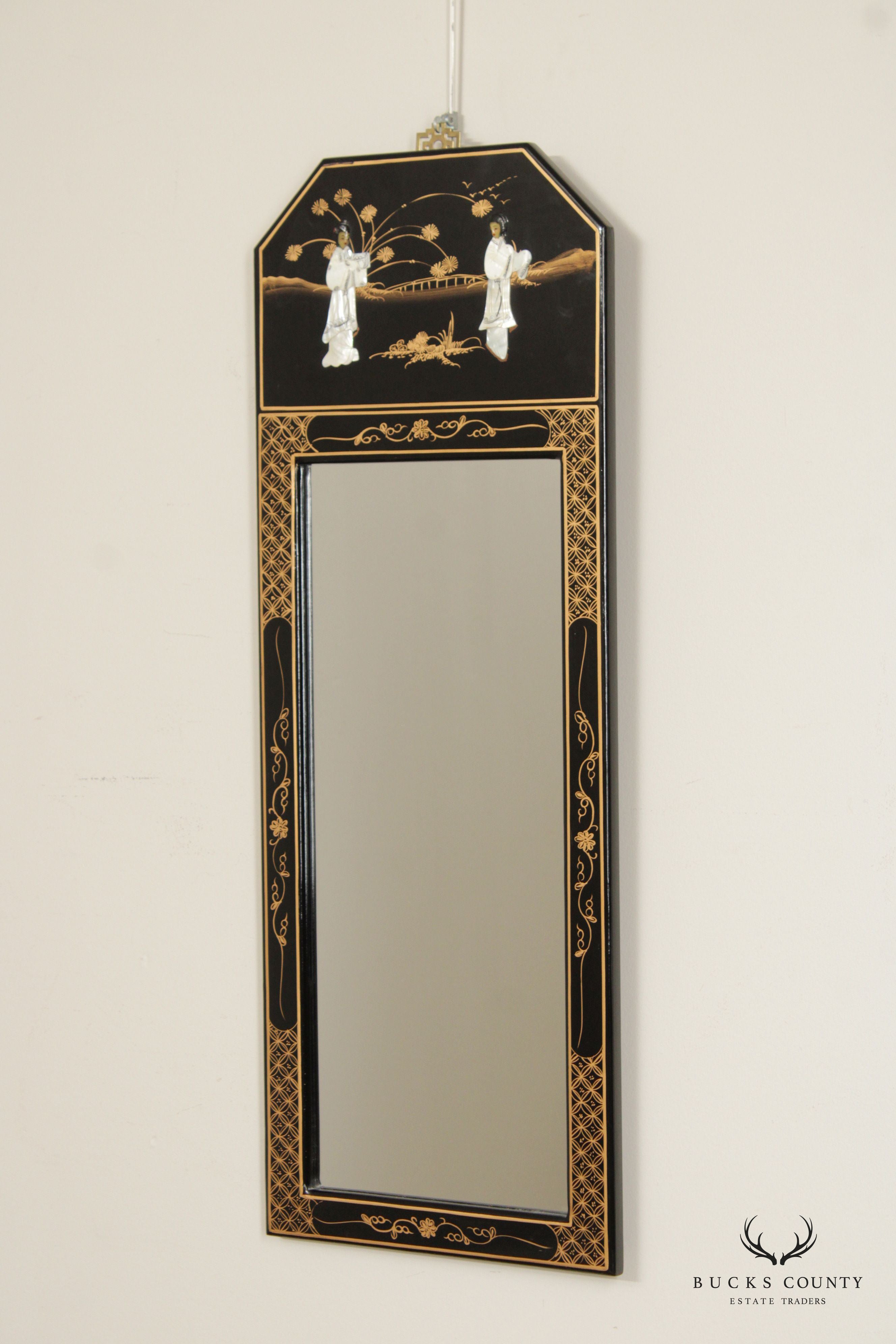 Chinoiserie Decorated Black Lacquer Trumeau Mirror