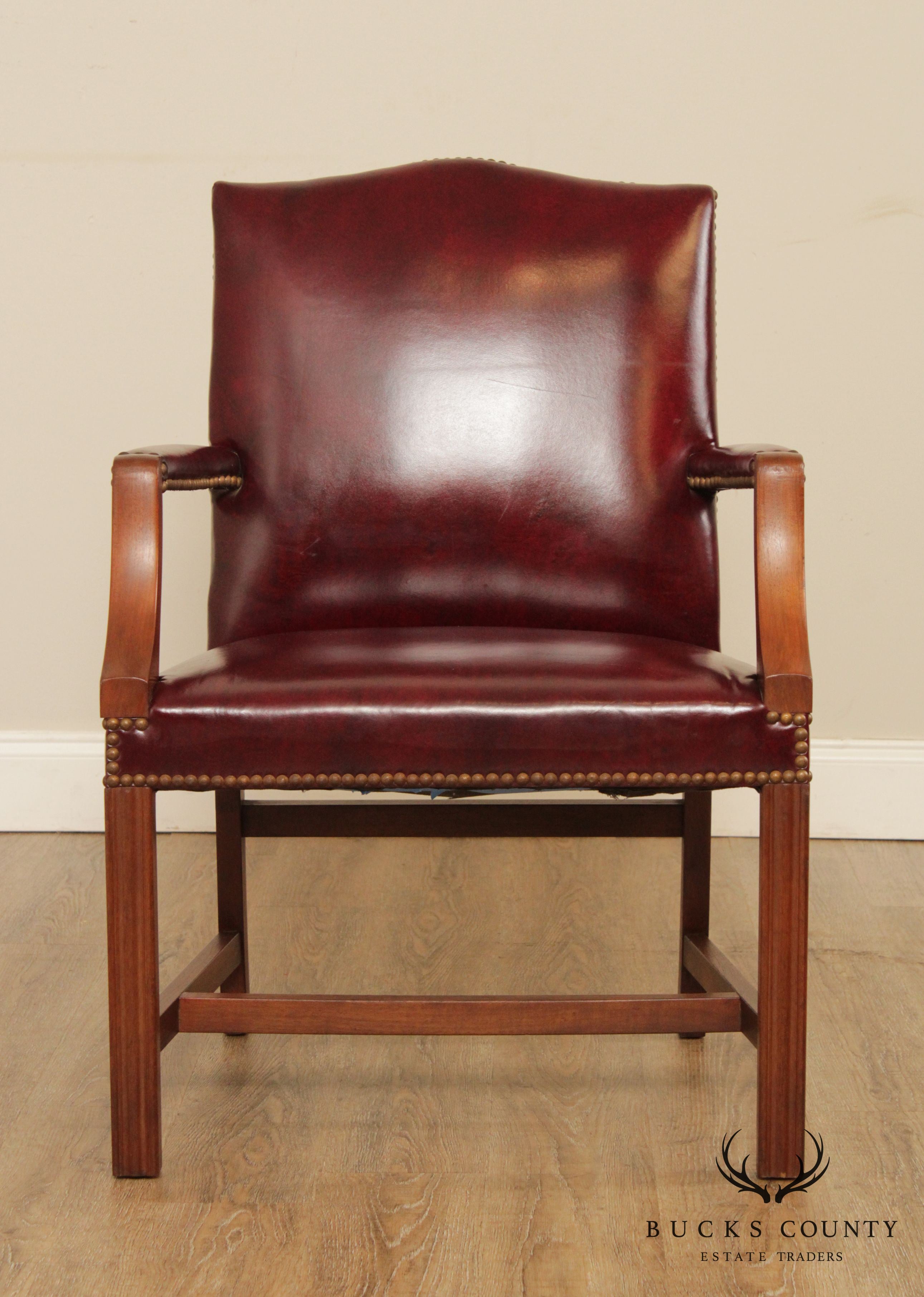 Chippendale Style Pair Mahogany Oxblood Leather Library Armchairs