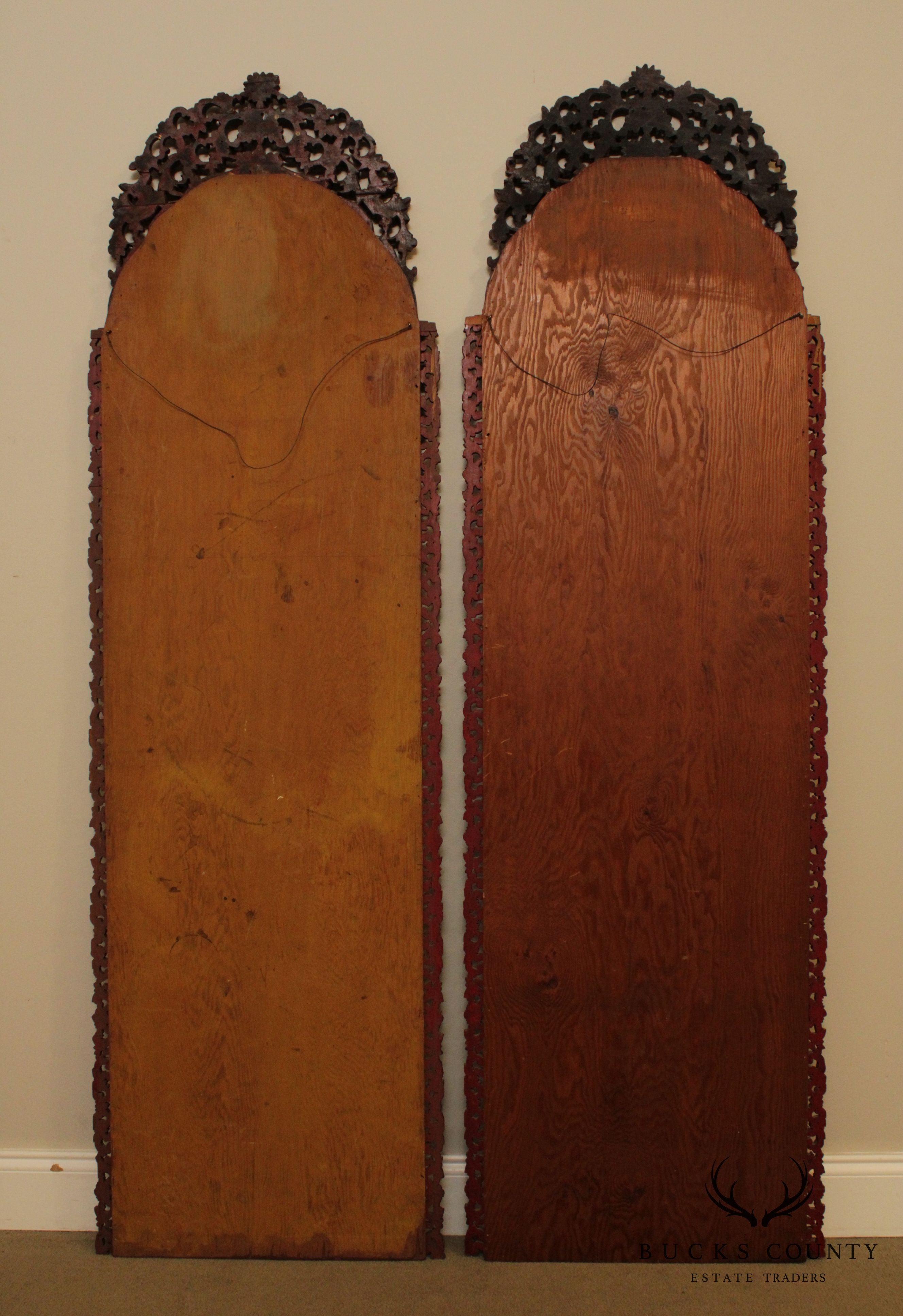 Antique Asian Pair Tall Carved Frame Paintings