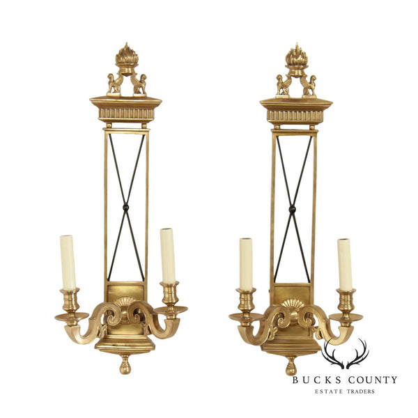 Decorative Crafts Inc. Egyptian Neoclassical Style Pair of Brass Wall Sconce Lights
