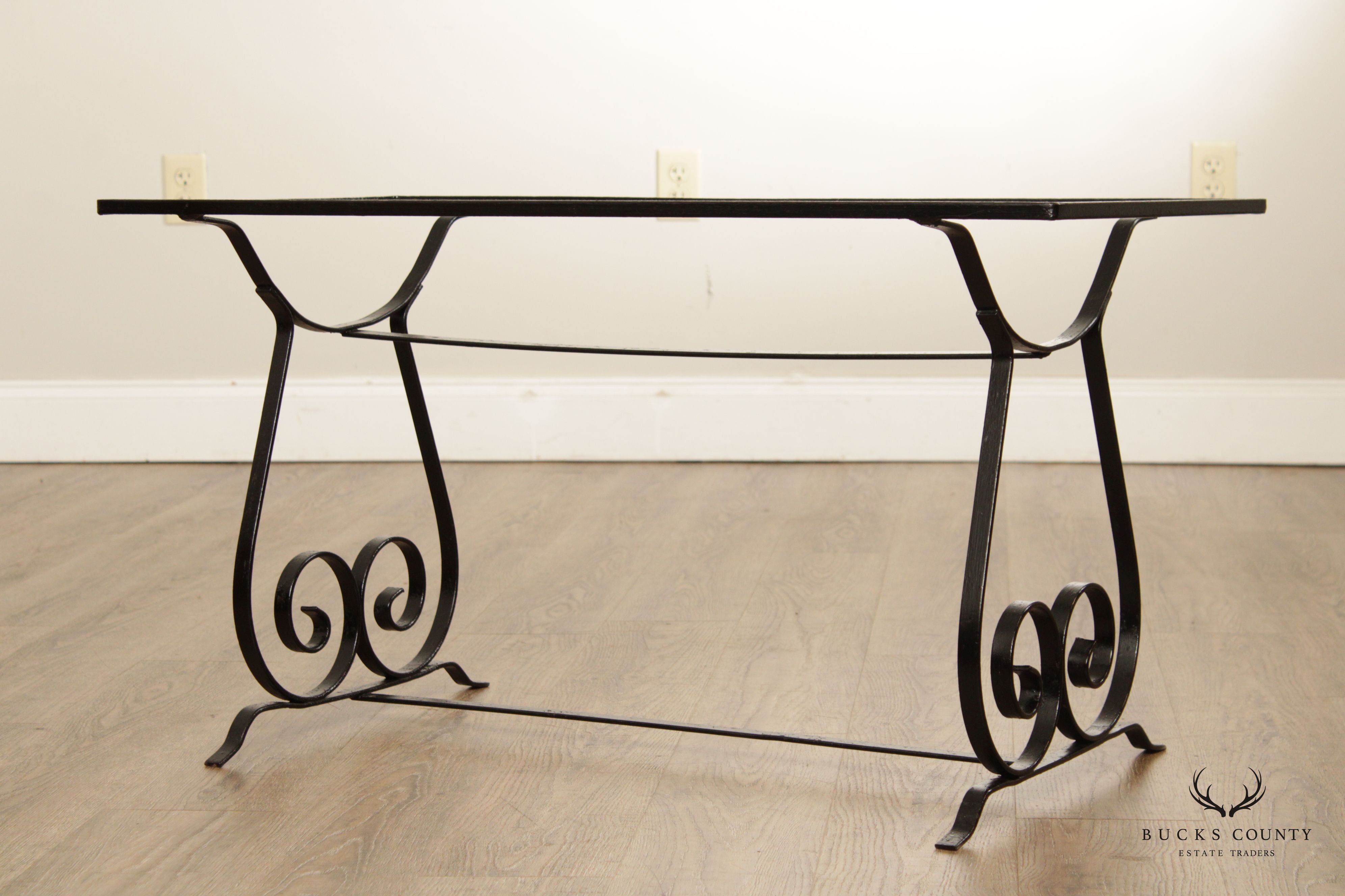 Vintage Wrought Iron Scroll Glass Top Cocktail Table