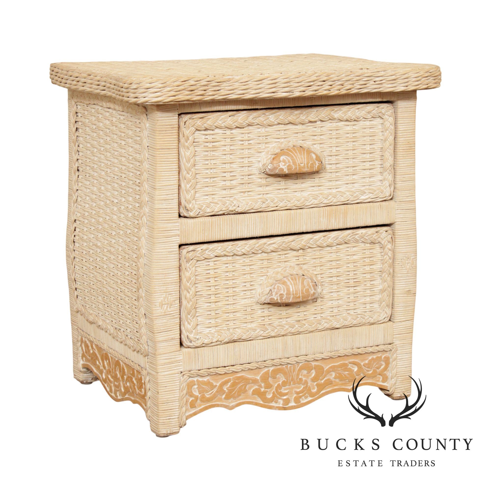 Jamaica Collection White Washed Wicker Pair 2 Drawer Nightstands