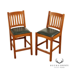 Stickley Mission Collection Pair of Oak Slat Back Counter Stools