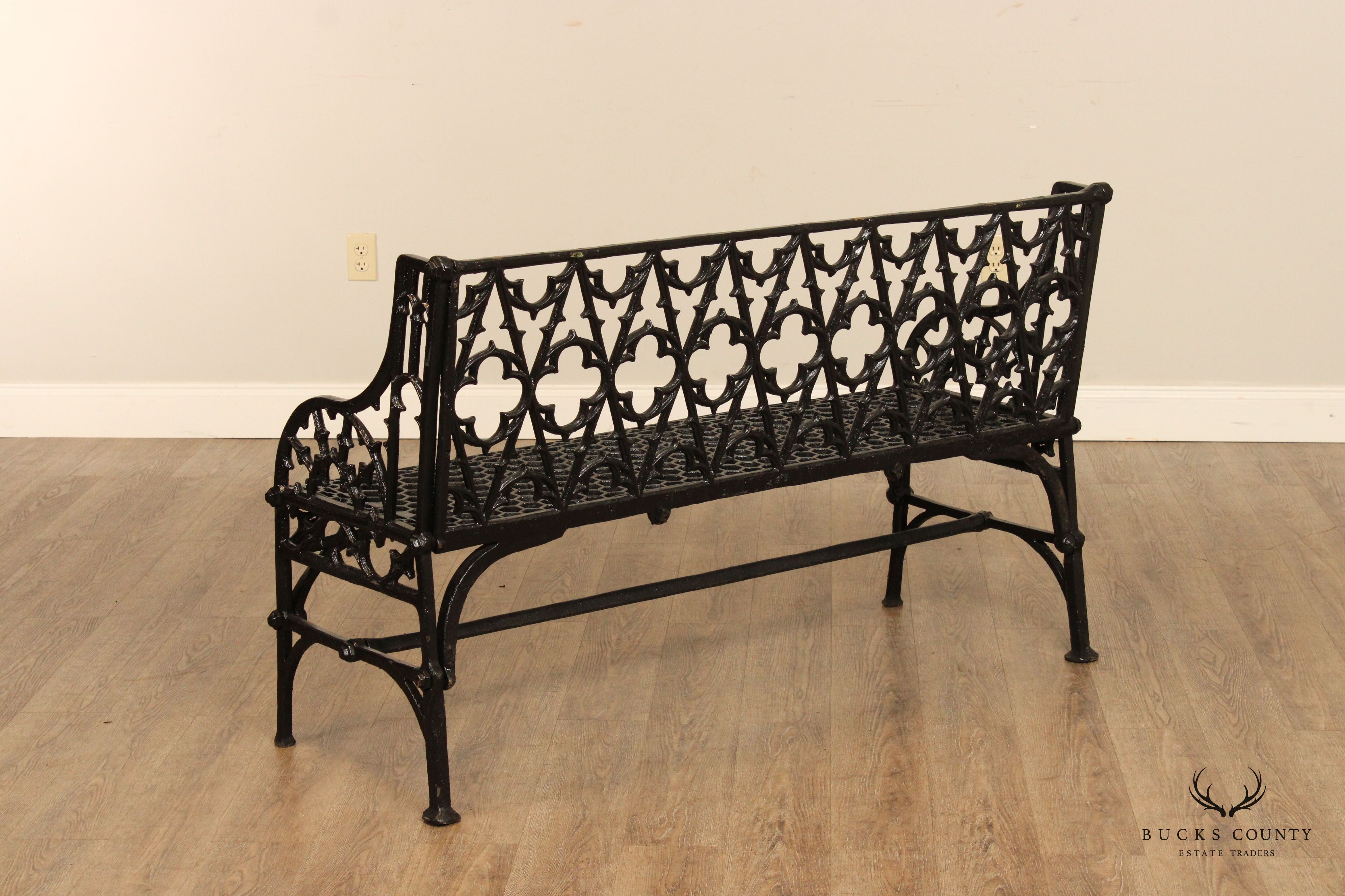 Gothic Revival Style Quality Pair of Cast Iron Outdoor Garden Benches