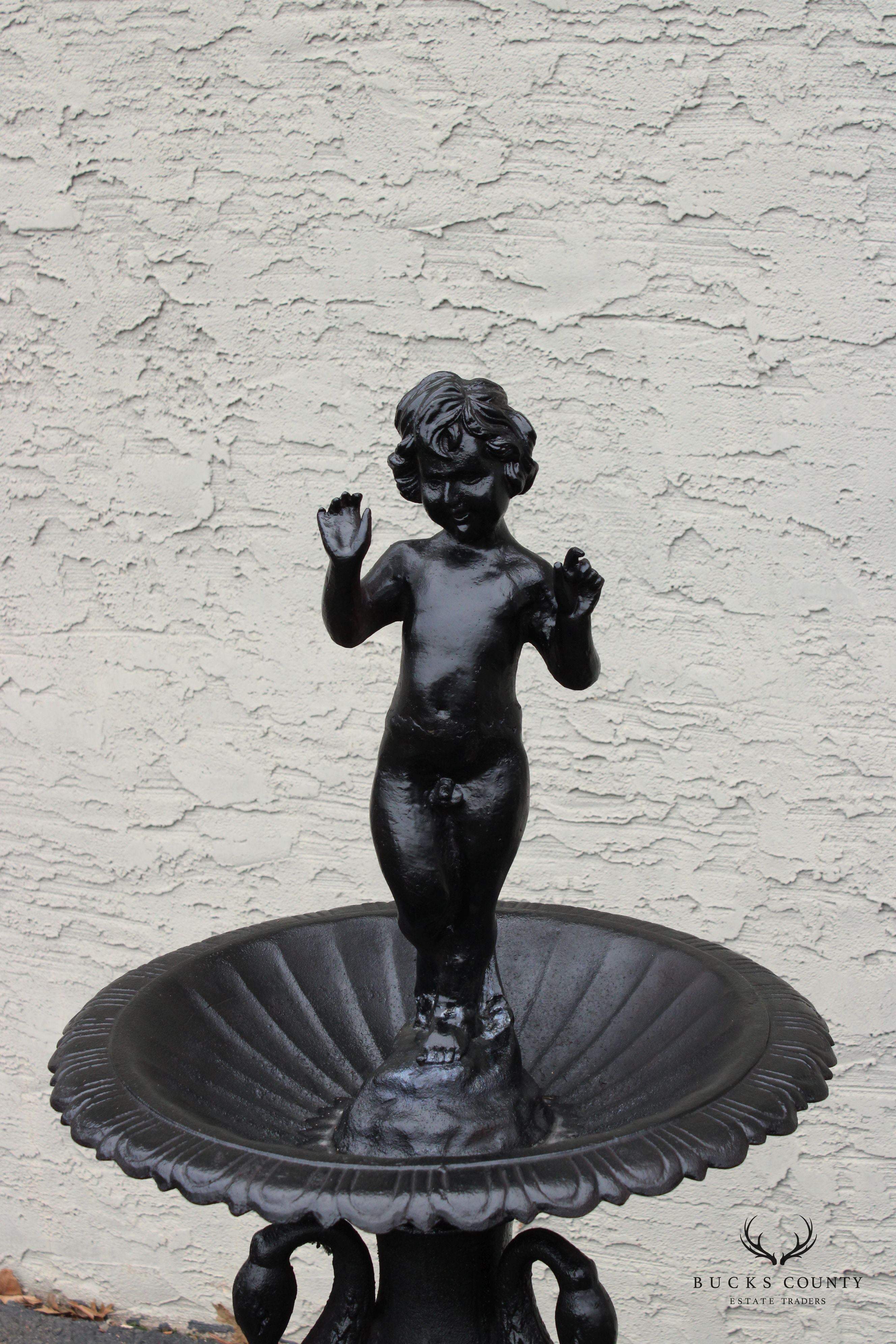 Neoclassical Style Cast Iron Cherub and Swan Garden Bird Bath