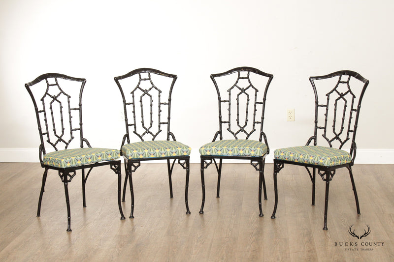 Hollywood Regency Set Four Faux Bamboo Metal Dining Chairs