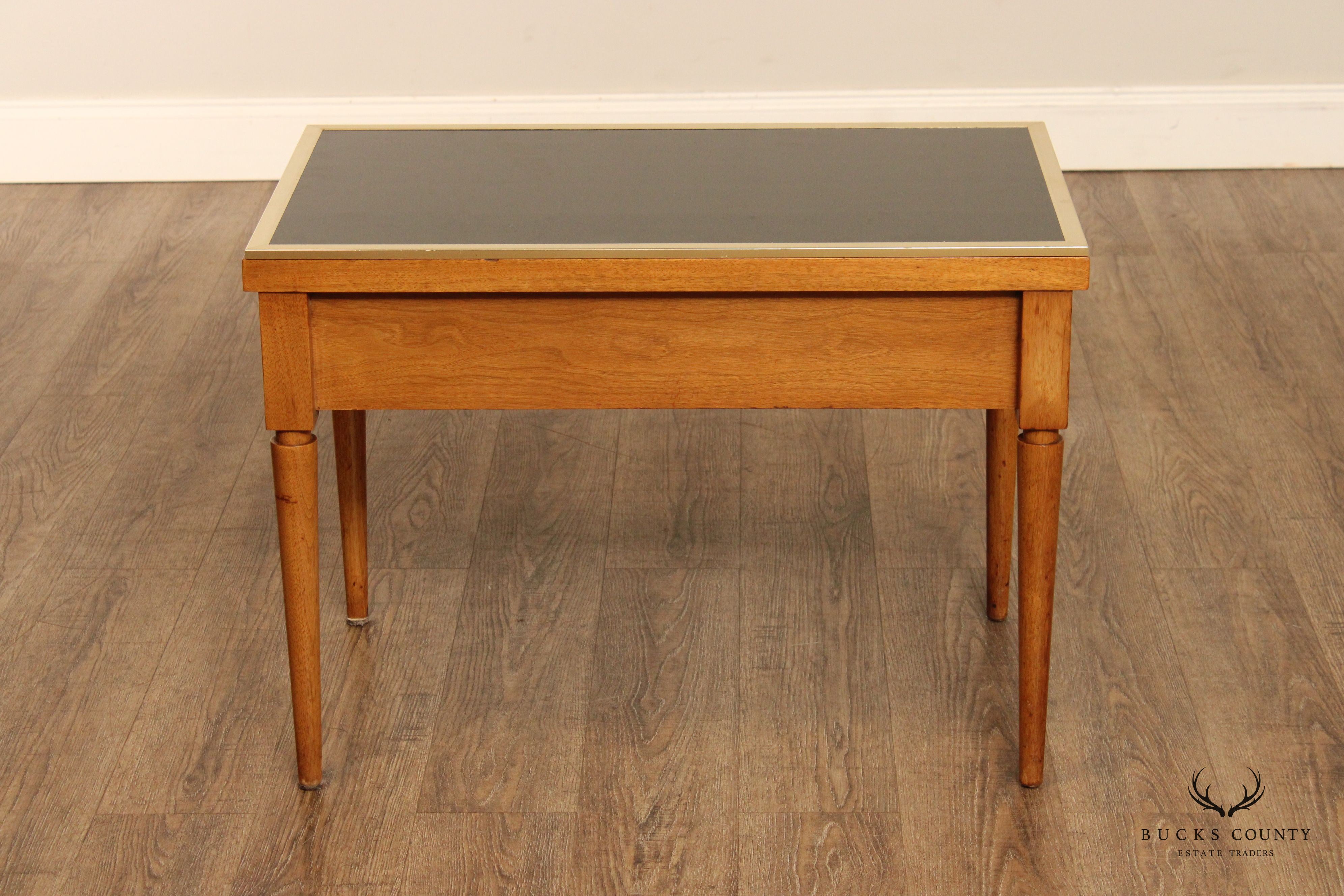 Mid Century Modern Directoire Style Pair of Black Glass Top Fruitwood Side Tables