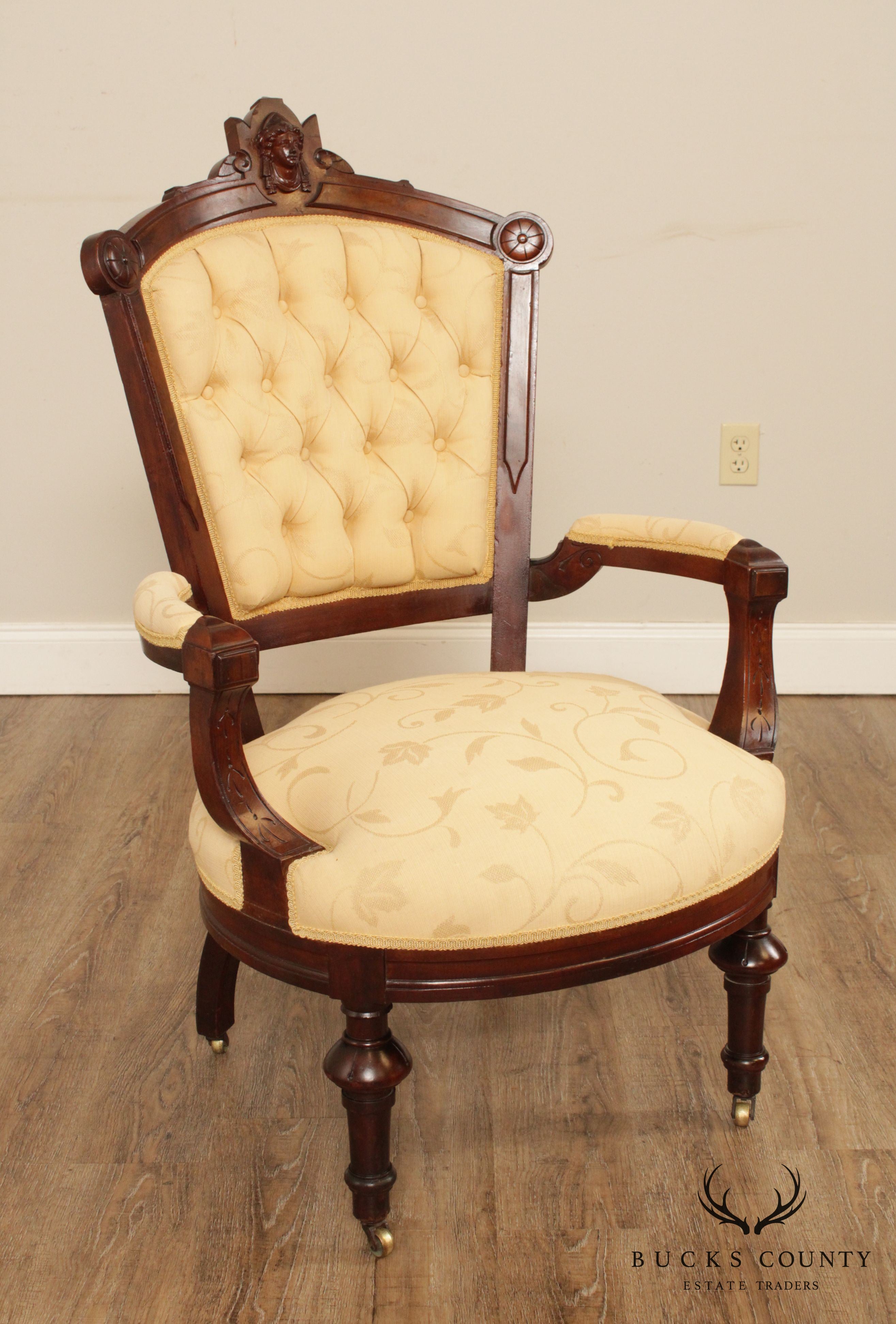 Antique Victorian His & Hers Pair Walnut Armchairs