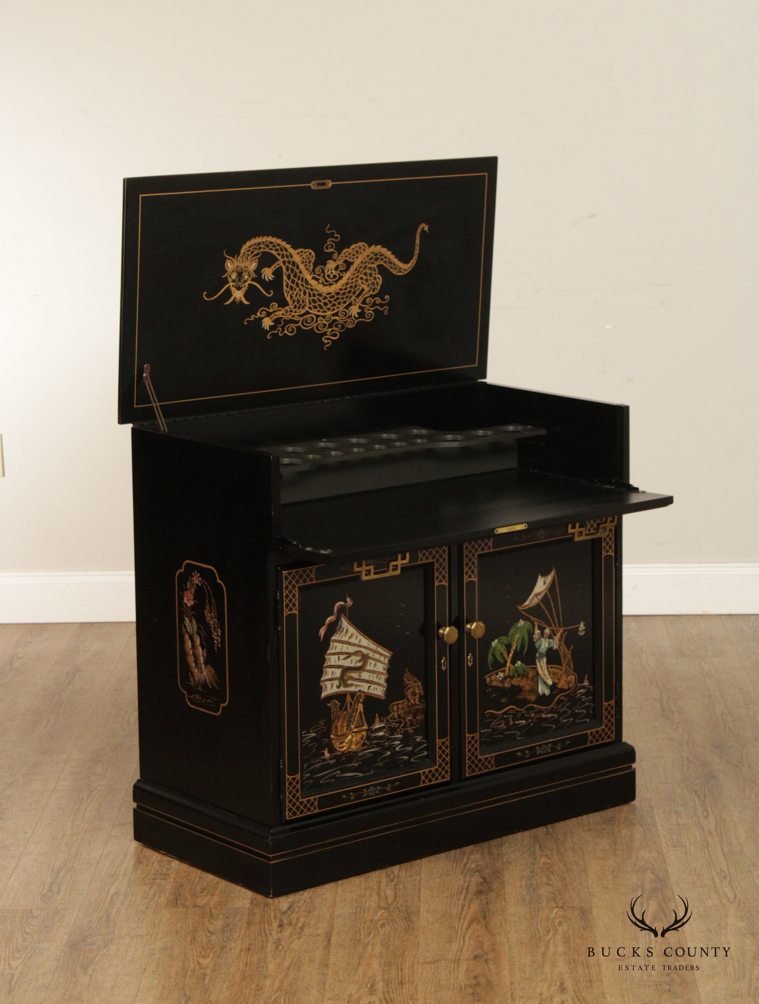 Jasper Chinoiserie Black Lacquer Liquor Bar Serving Cabinet