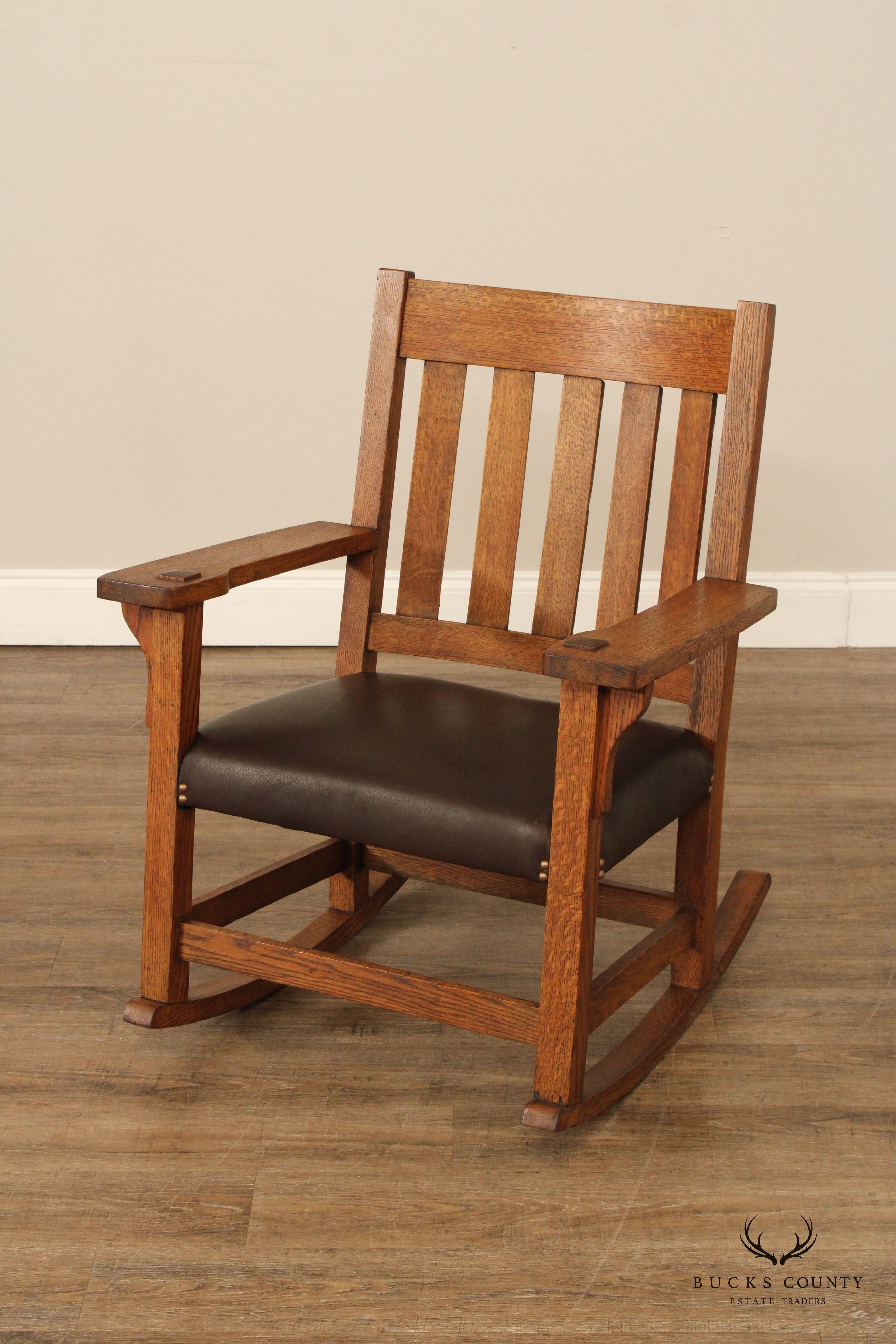 Antique Mission Oak and Leather Rocking Chair