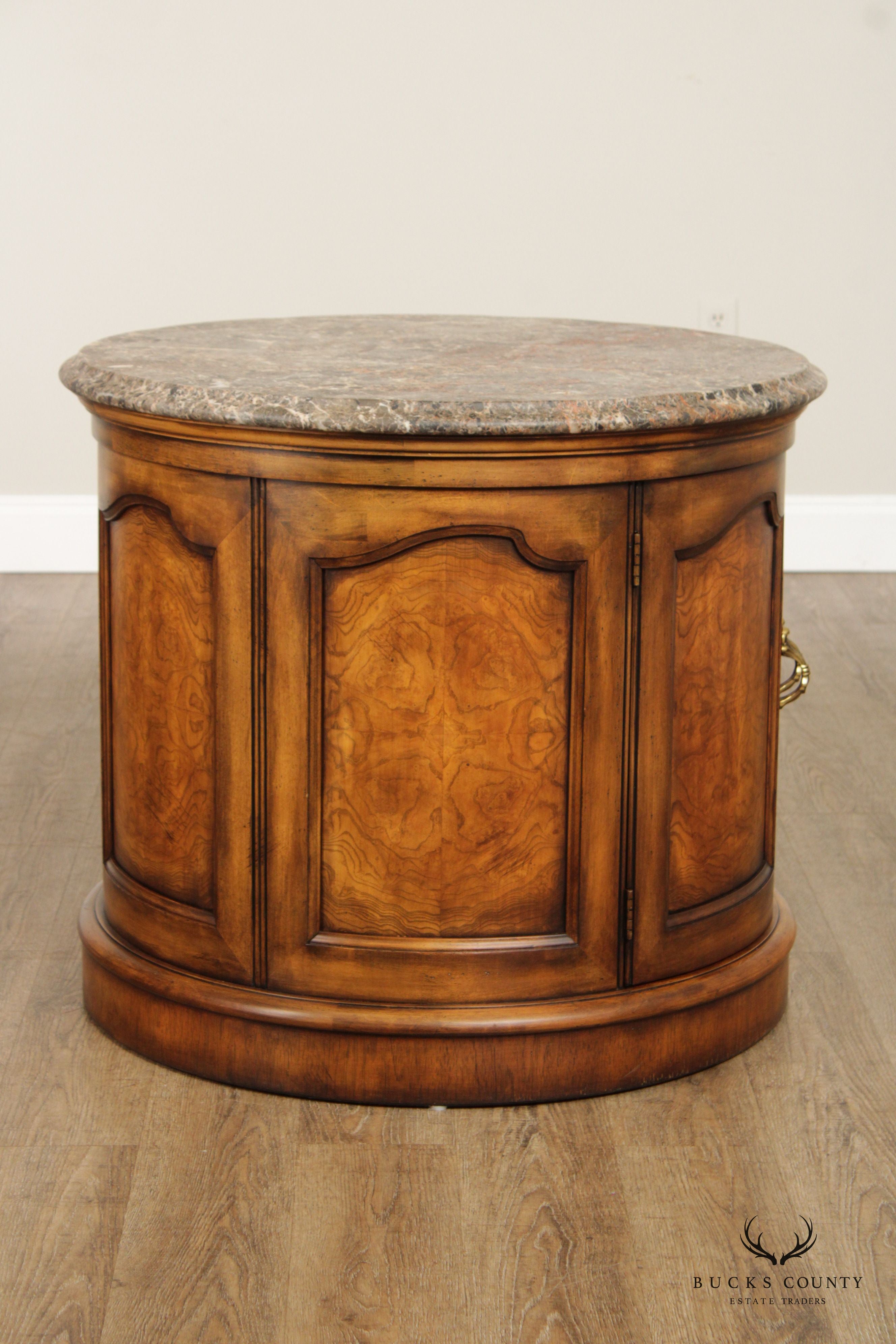 Henredon English Regency Style Round Marble Top Drum Cabinet Side Table