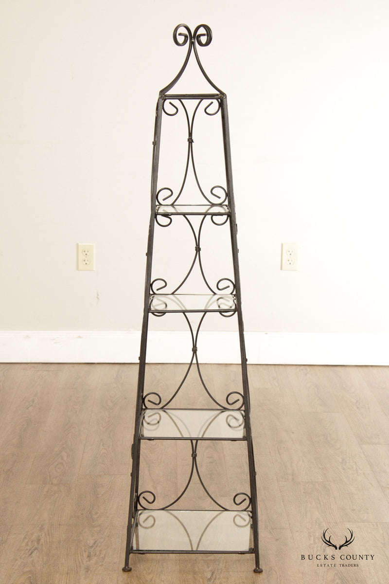 Scrolling Wrought Iron and Glass Four-Tier Etagere Stand