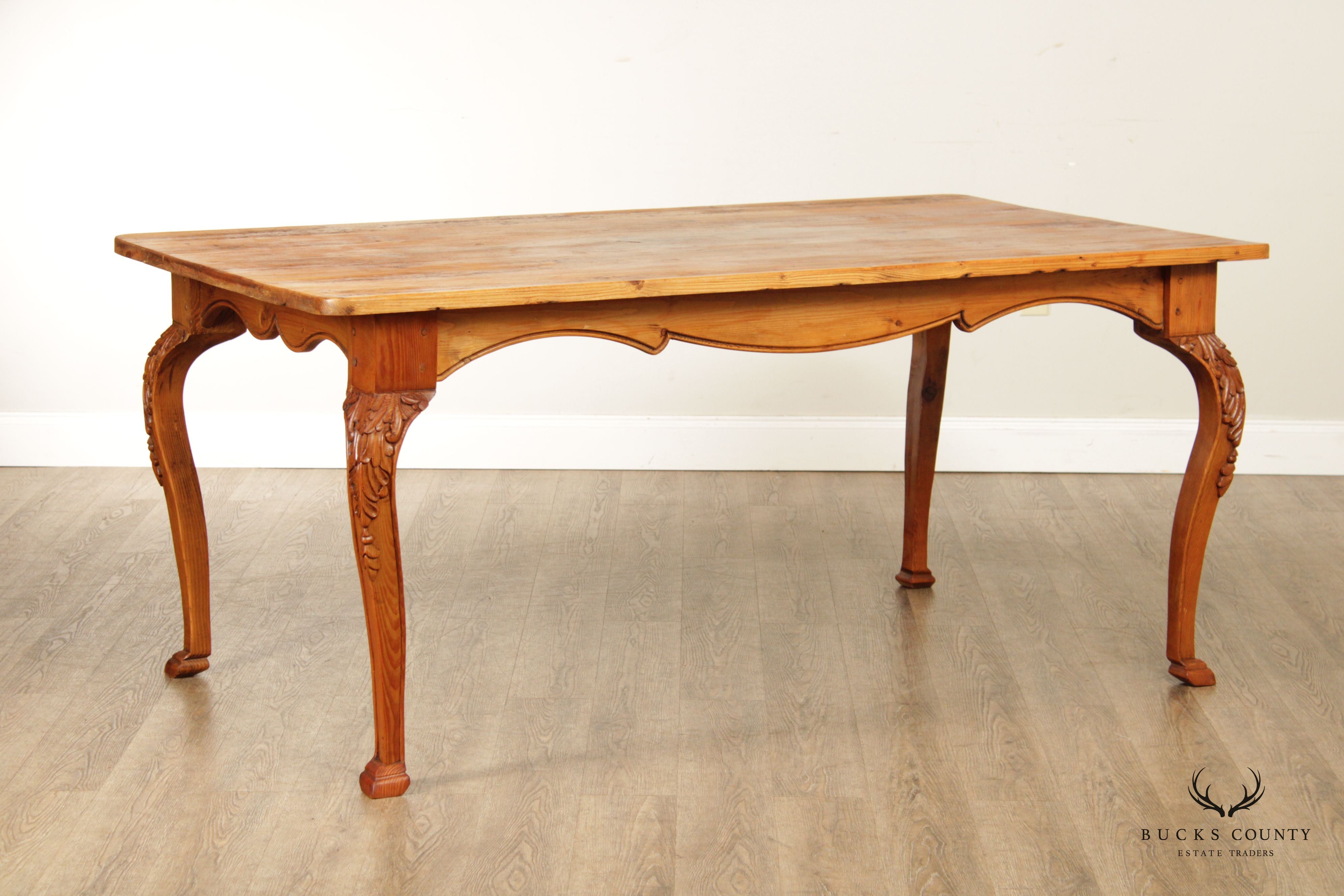 French Country Farmhouse Style Pine Carved Dining Table