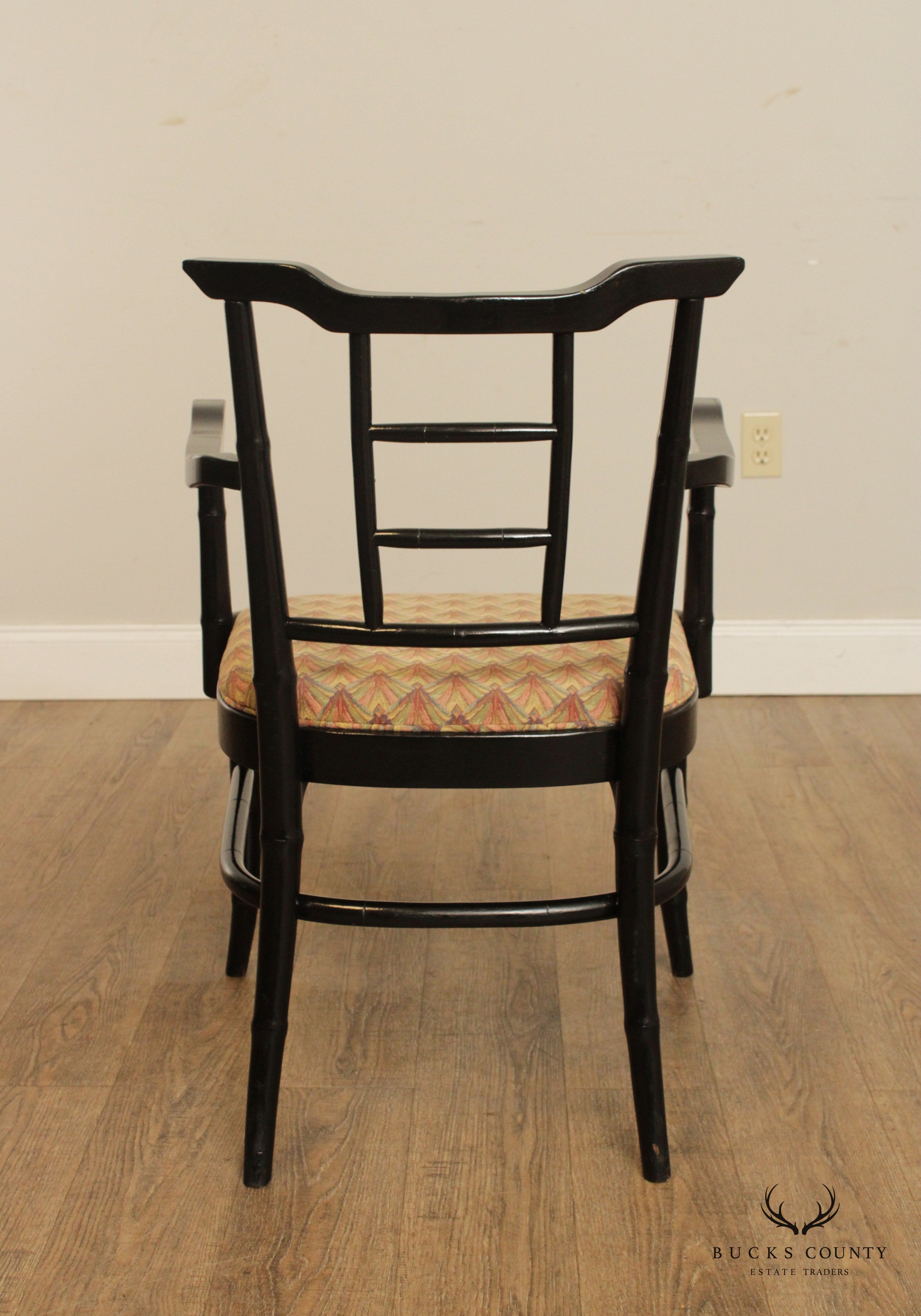 Mid Century Asian Style Faux Bamboo Pair of Lacquered Arm Chairs