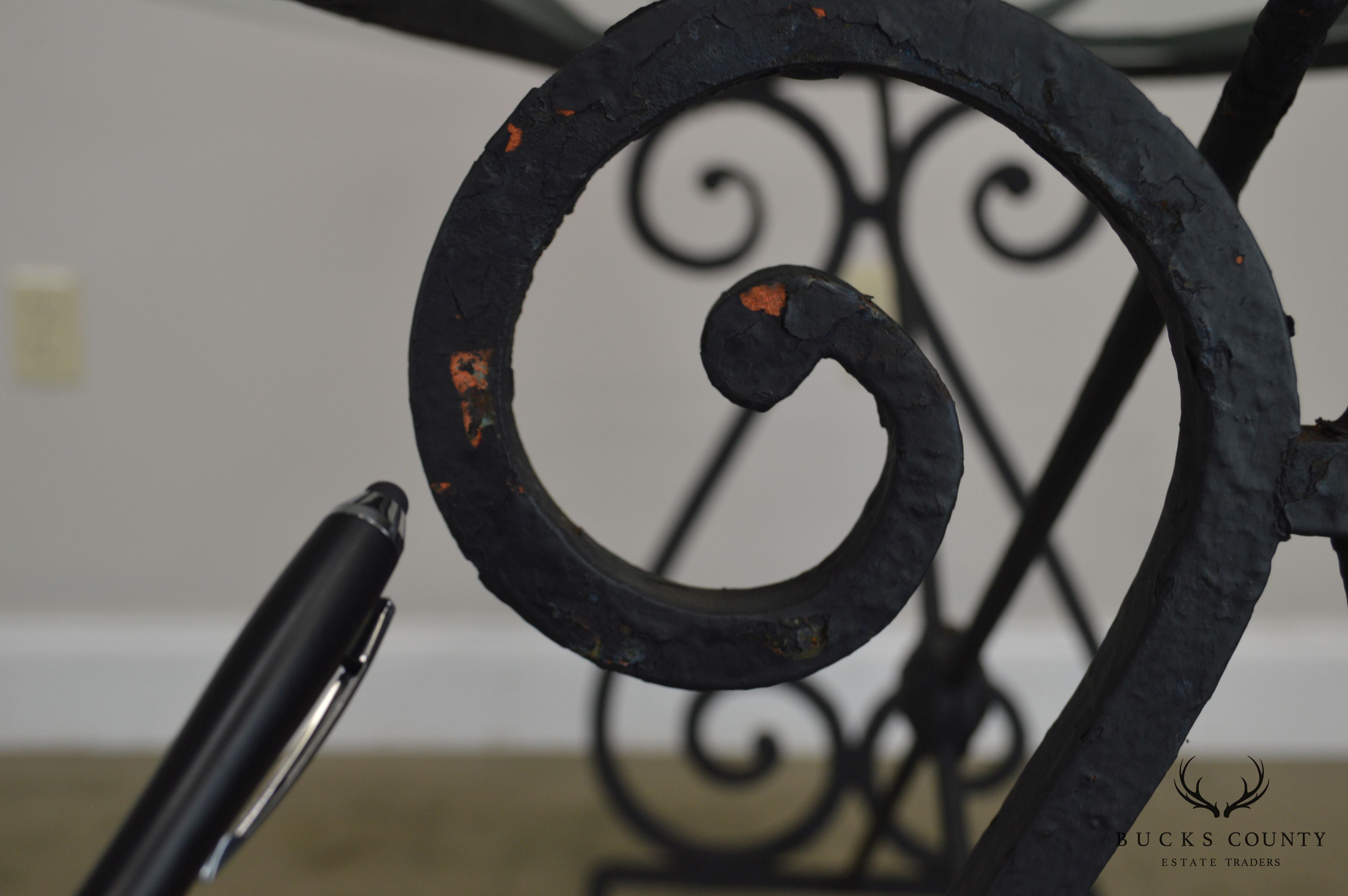 Antique Forged Iron Bistro Table With Glass Top