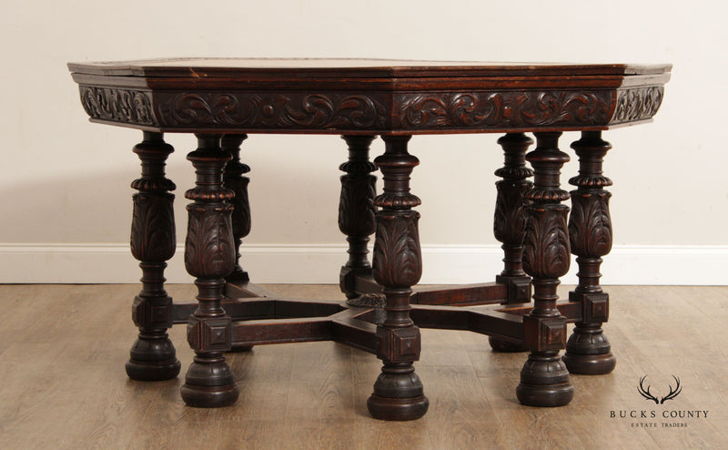 Antique French Renaissance Revival Carved Oak Octagonal Leather Top Center Table