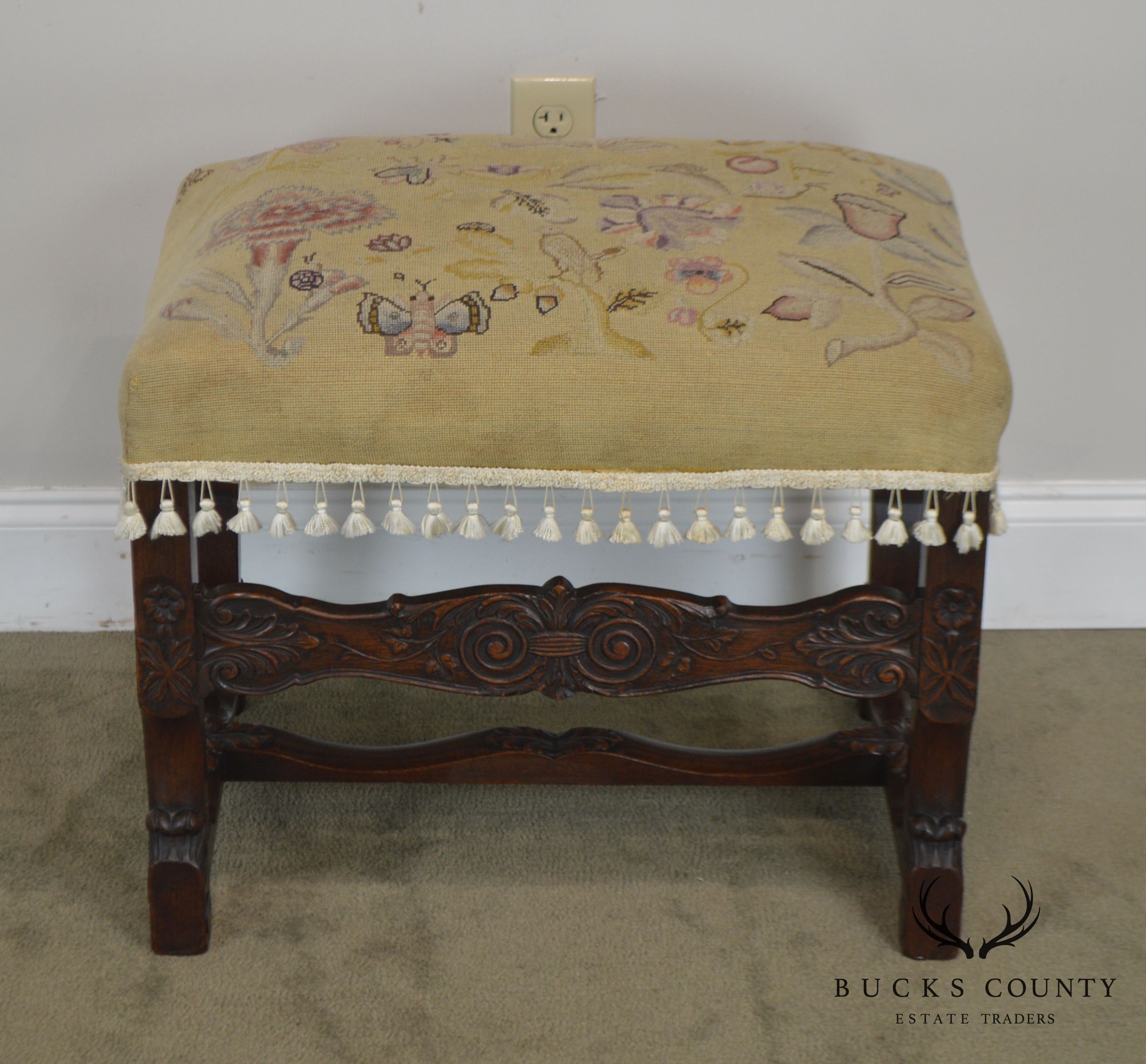 Italian Renaissance Antique Carved Needlepoint Ottoman Bench