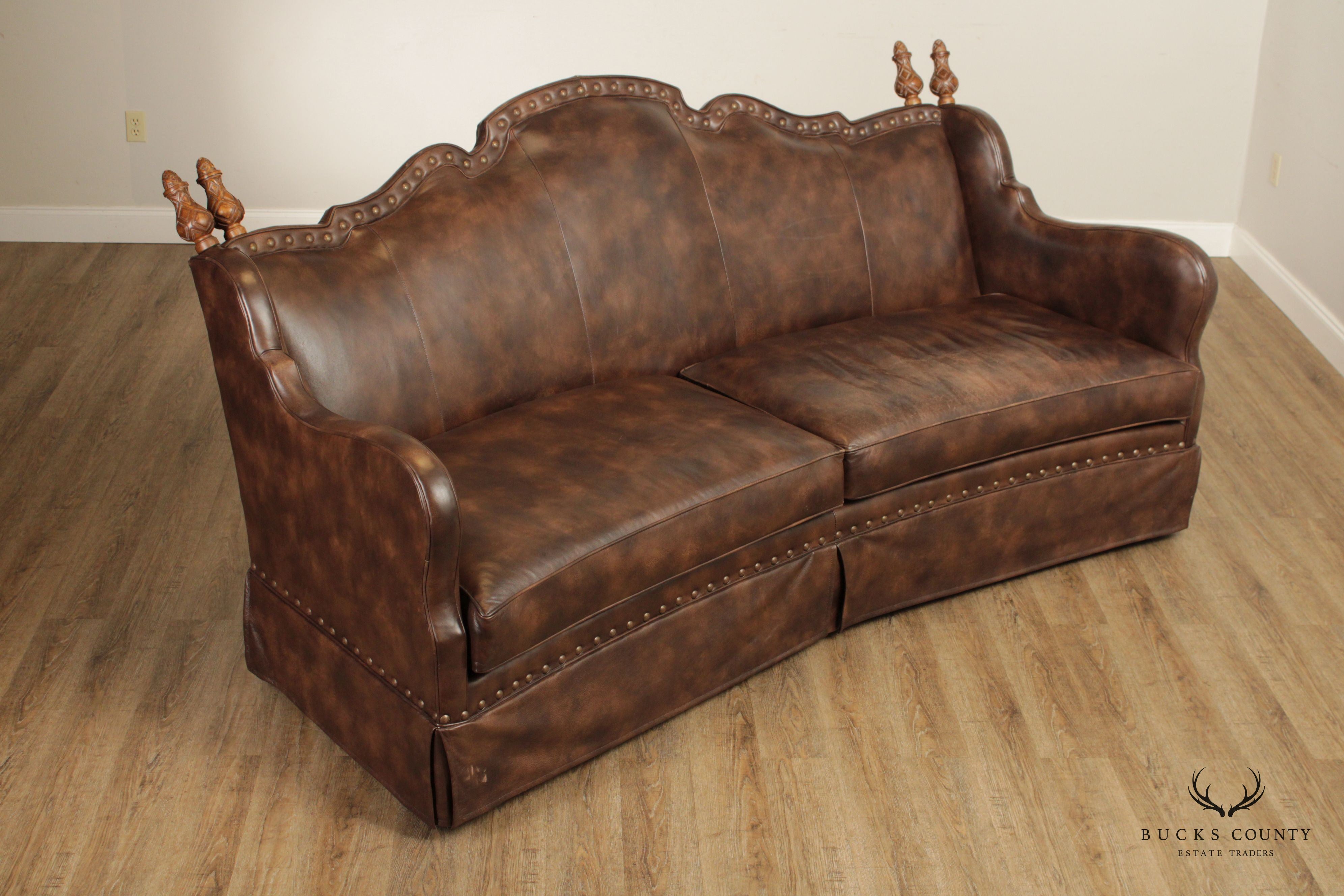 Century Furniture Spanish Revival Style Brown Leather Upholstered Sofa