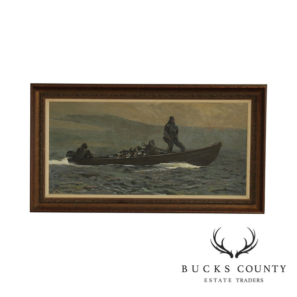 Chet Reneson (B. 1934 Connecticut) Untitled Oil Painting Men Duck Hunting on Boat