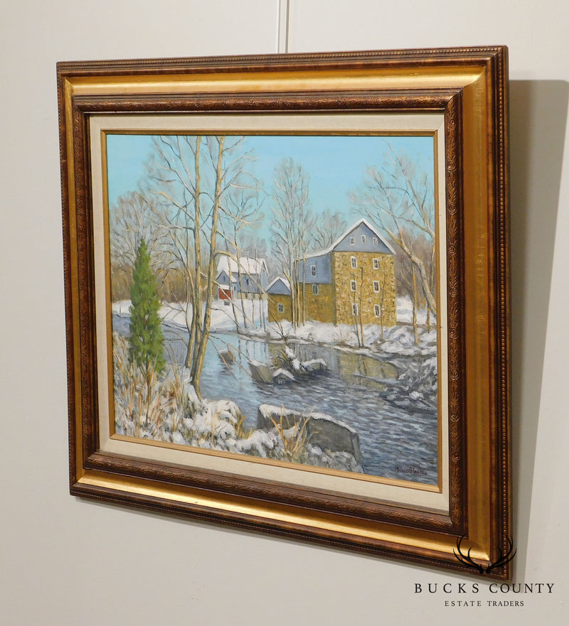 Mildred S. Gehman "Clymer's Mill" Thatcher P.A., Winter Snowy Stream Oil Painting