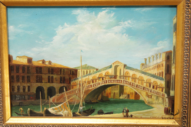 Vintage Italian Venetian Canal Scene Oil Painting, Custom Framed