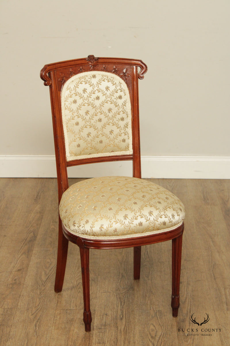 Antique French Art Nouveau Exceptional Quality Carved Mahogany Pair Upholstered Side Chairs