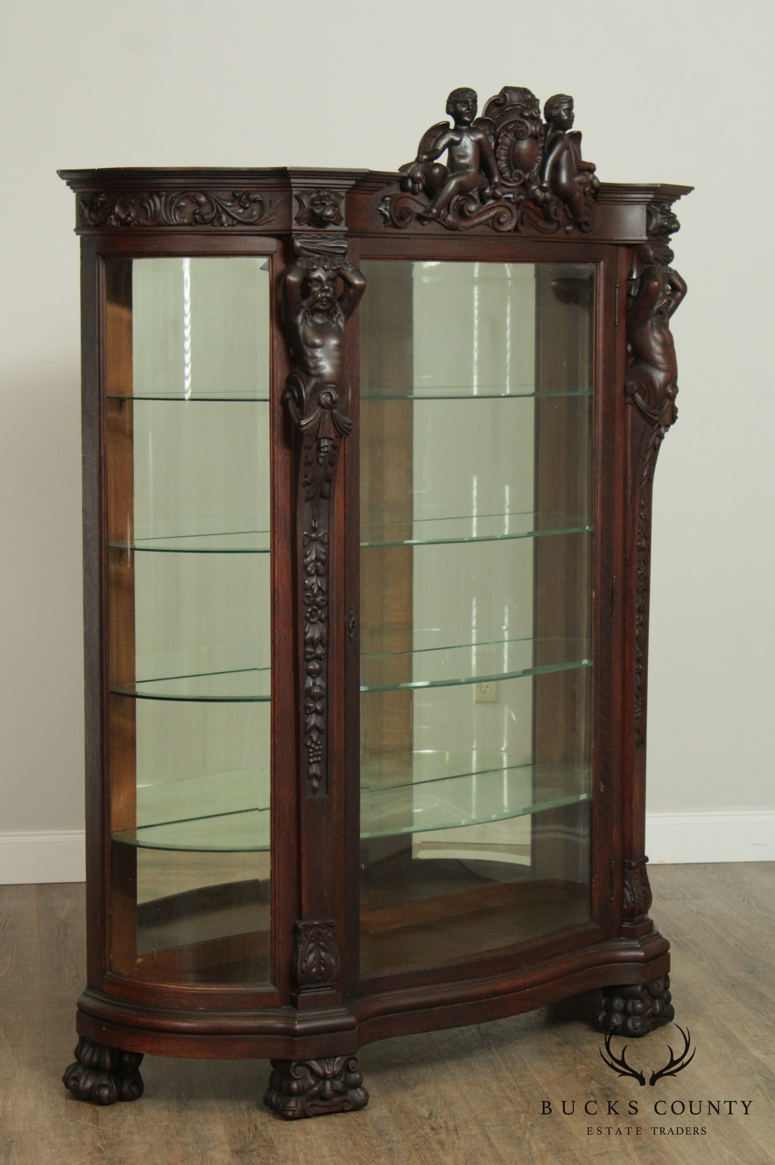 Horner Antique Oak Figural Carved Beveled Glass China Cabinet