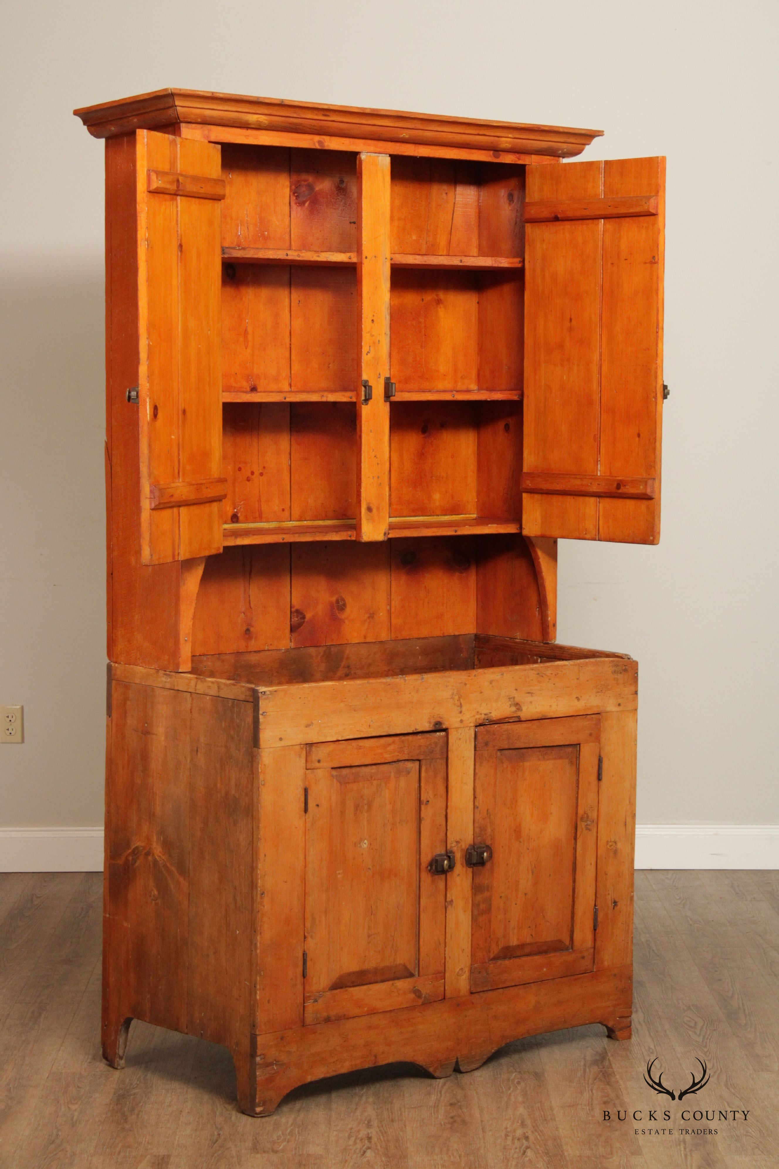 Antique Farmhouse Pine Dry Sink Hutch Cabinet