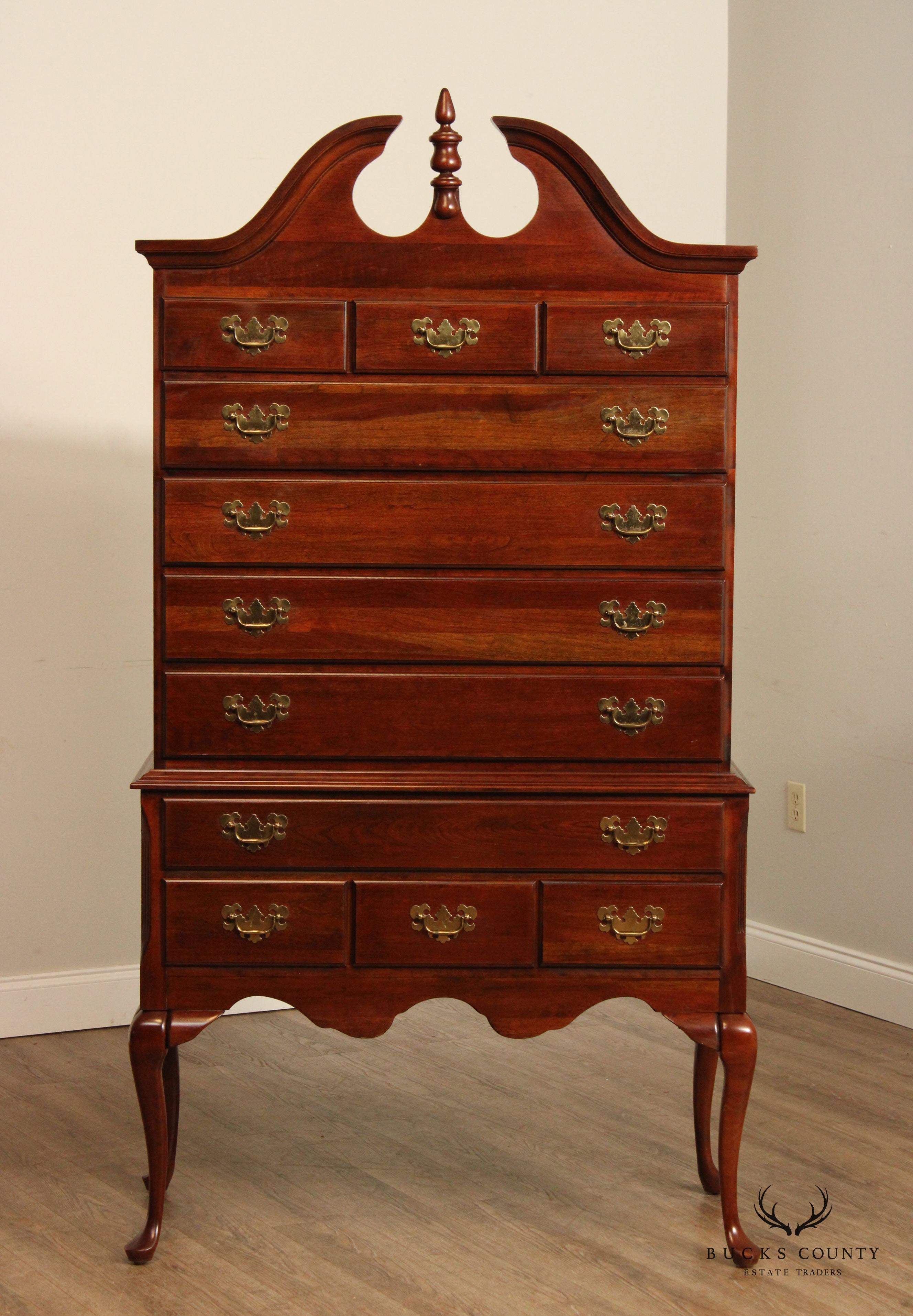 Crescent Queen Anne Style Carved Cherry Highboy Chest