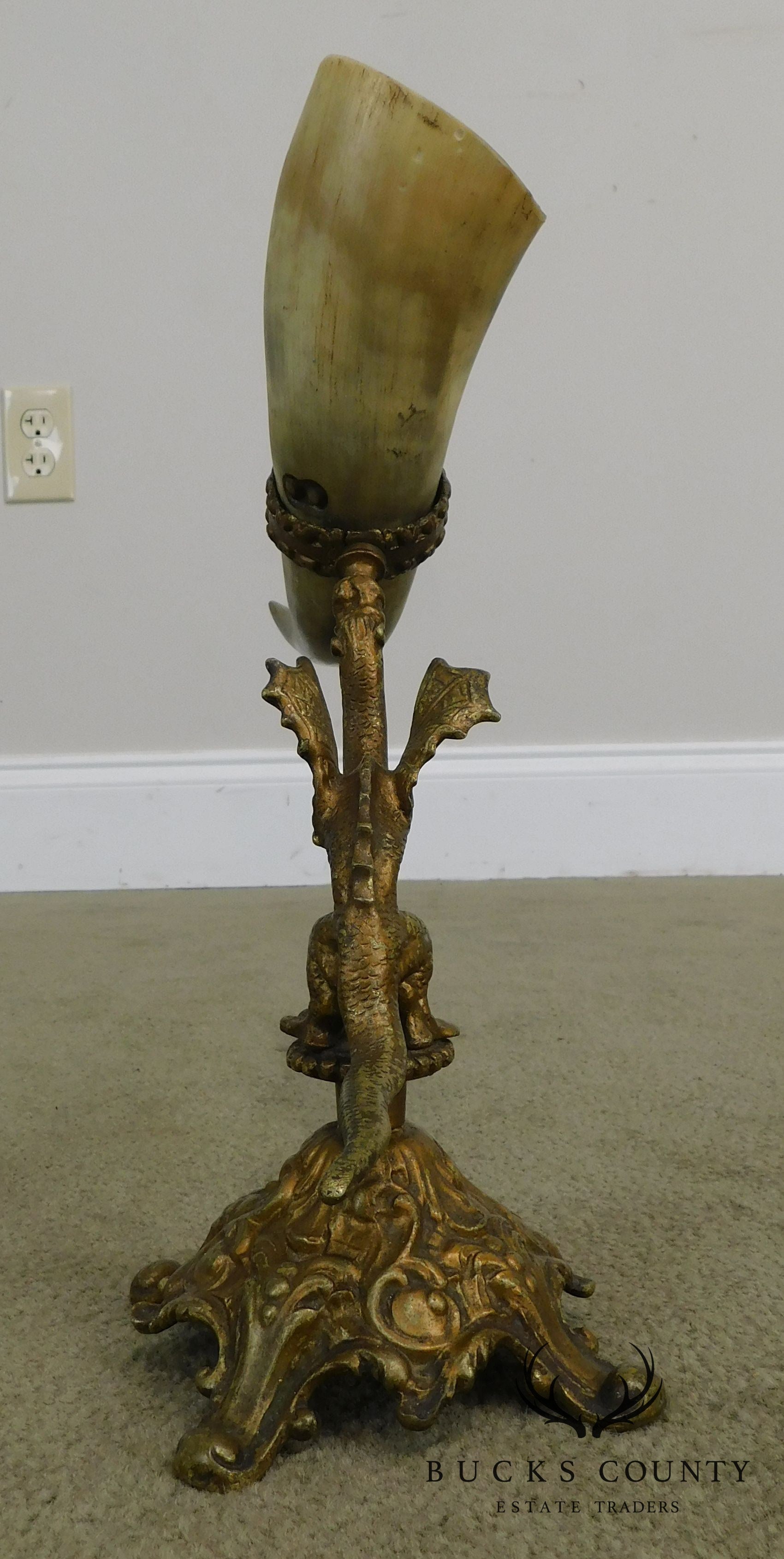 Antique Bronze Dragon Sculpture with Horn Vases