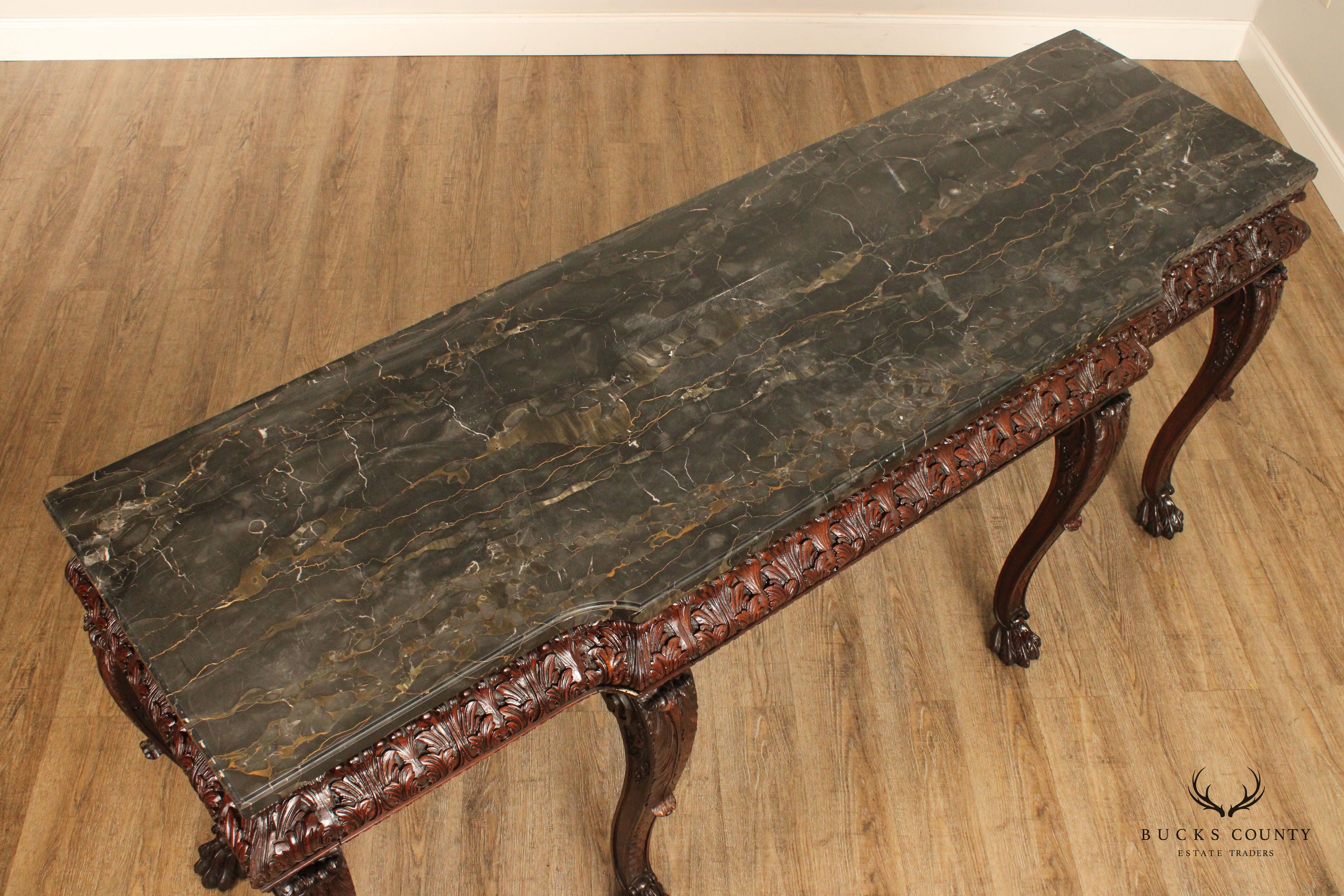 Antique Georgian Style Carved Mahogany Marble Top Console Table