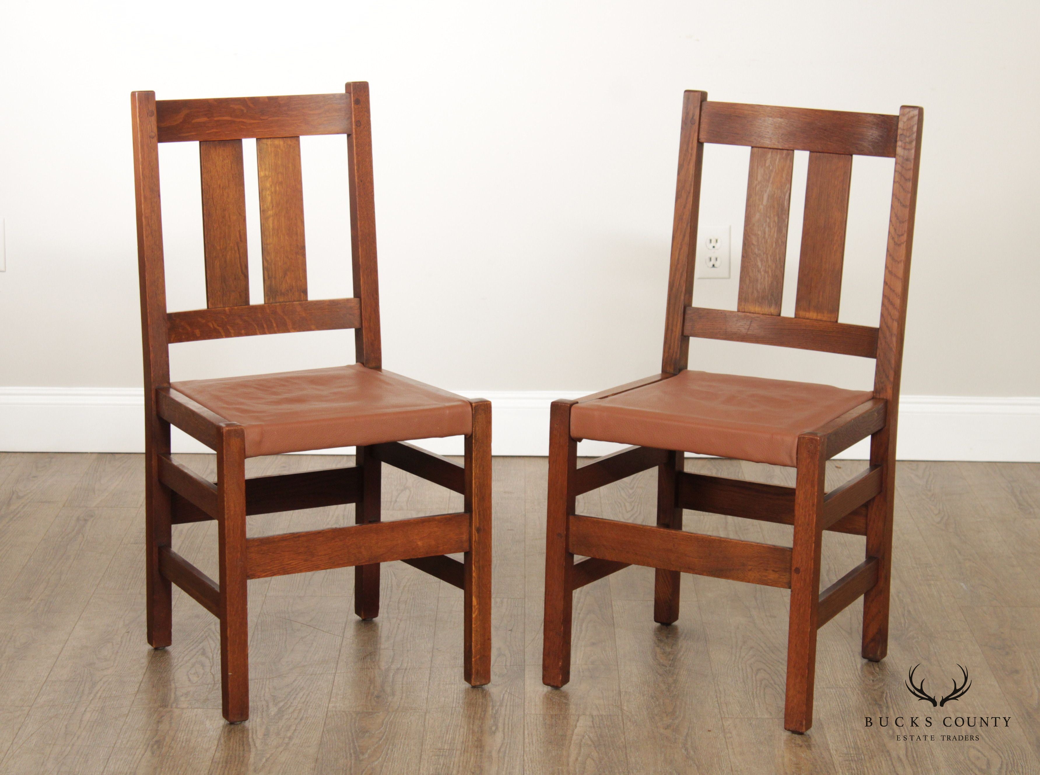 L. & J.G. Stickley Antique Mission Oak Pair of Leather Seat Side Chairs