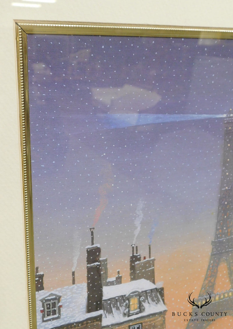 "Hiver A Paris" Lithograph on Paper of Snowy Scene at Dusk with Eiffel Tower. Signed Michel Delacroix