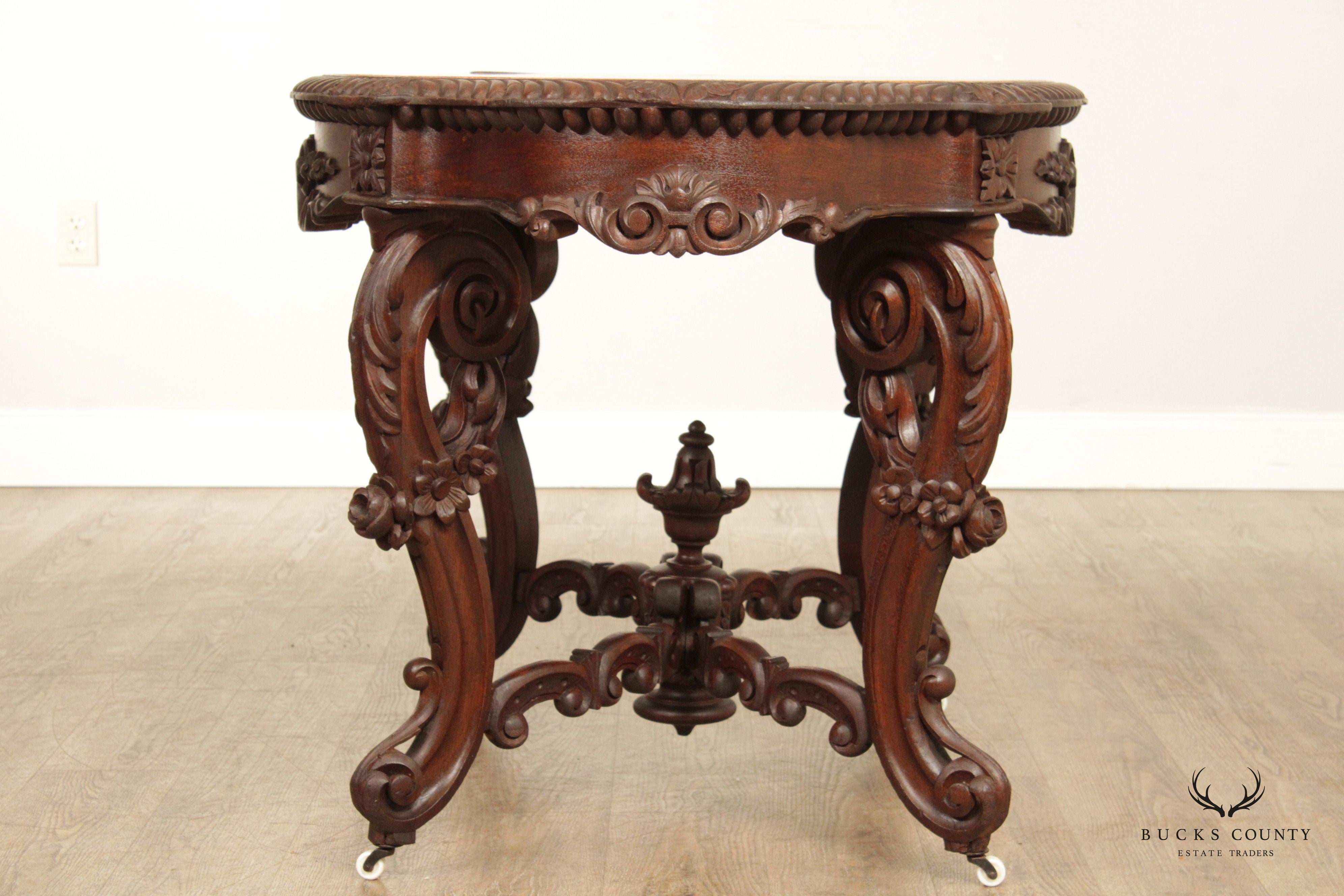 Antique Renaissance Revival Carved Mahogany Marble Turtle Top Center Table