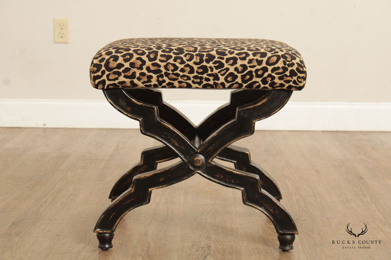 Regency Style Painted X-Frame Leopard Upholstered Ottoman Footstool